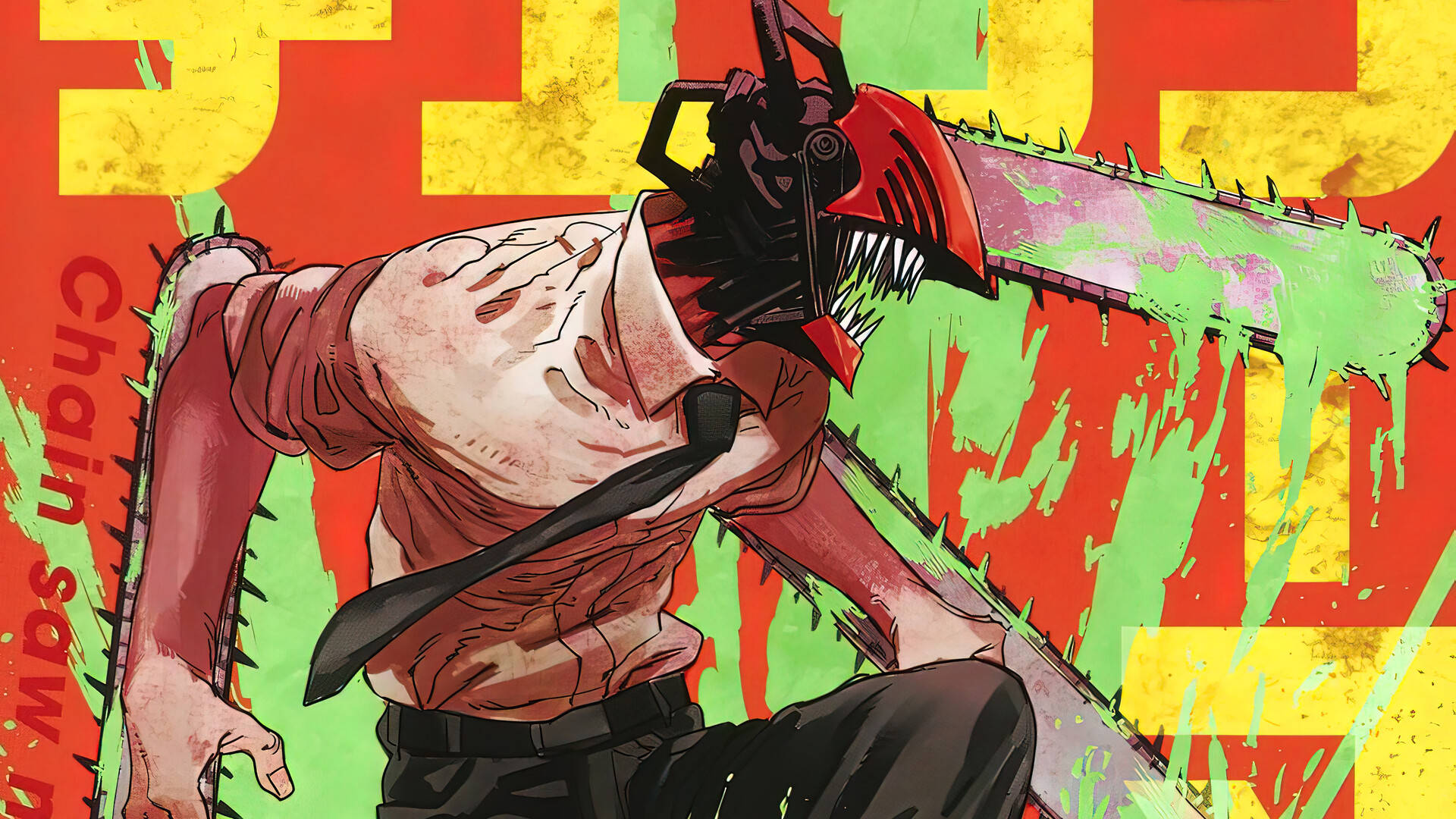 Chainsaw Man Denji, chainsaw for a head, vibrant red and green background, Full HD Desktop Wallpaper