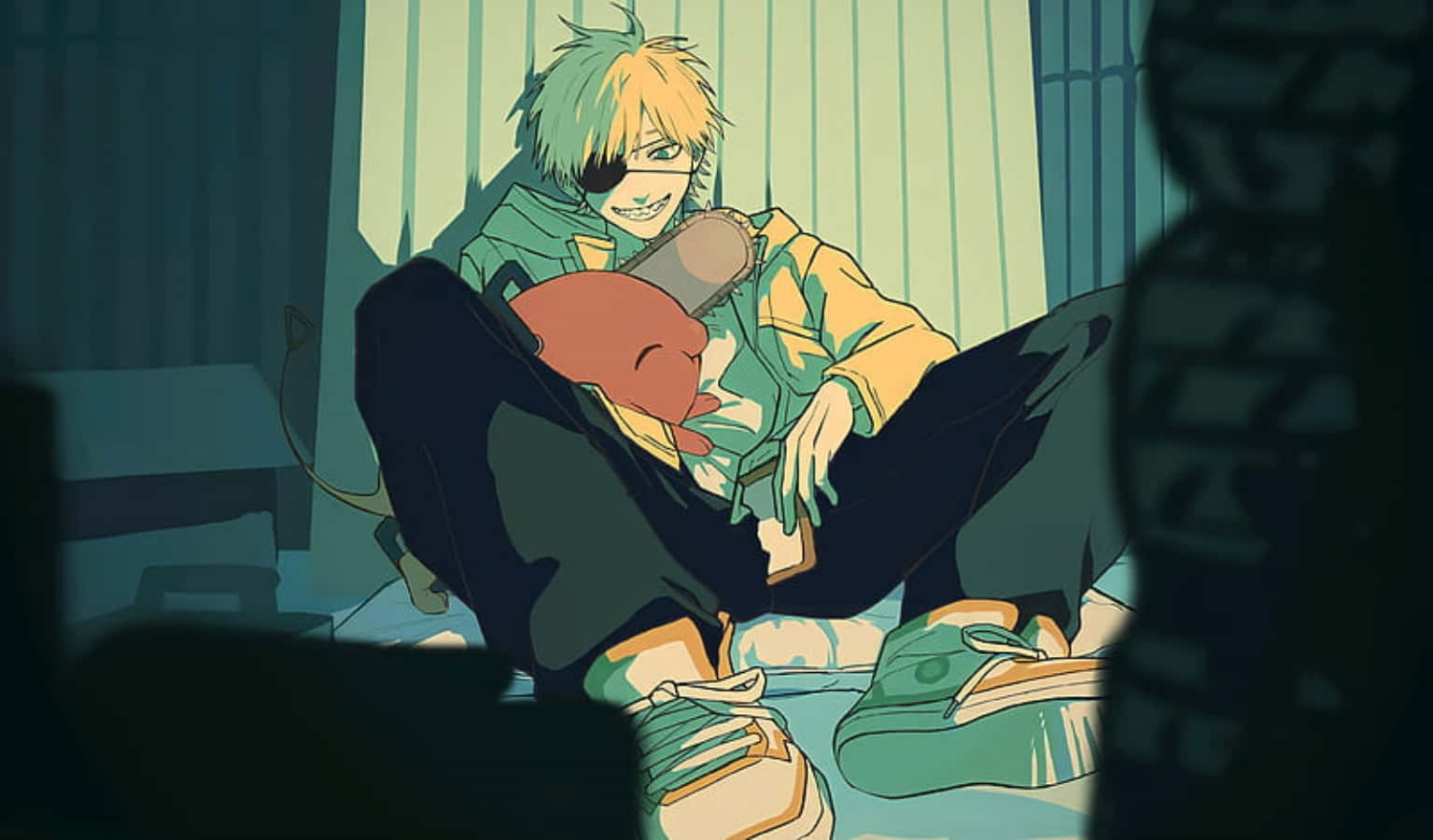 Chainsaw Man Denji, green hair, eye patch, HD Desktop Wallpaper