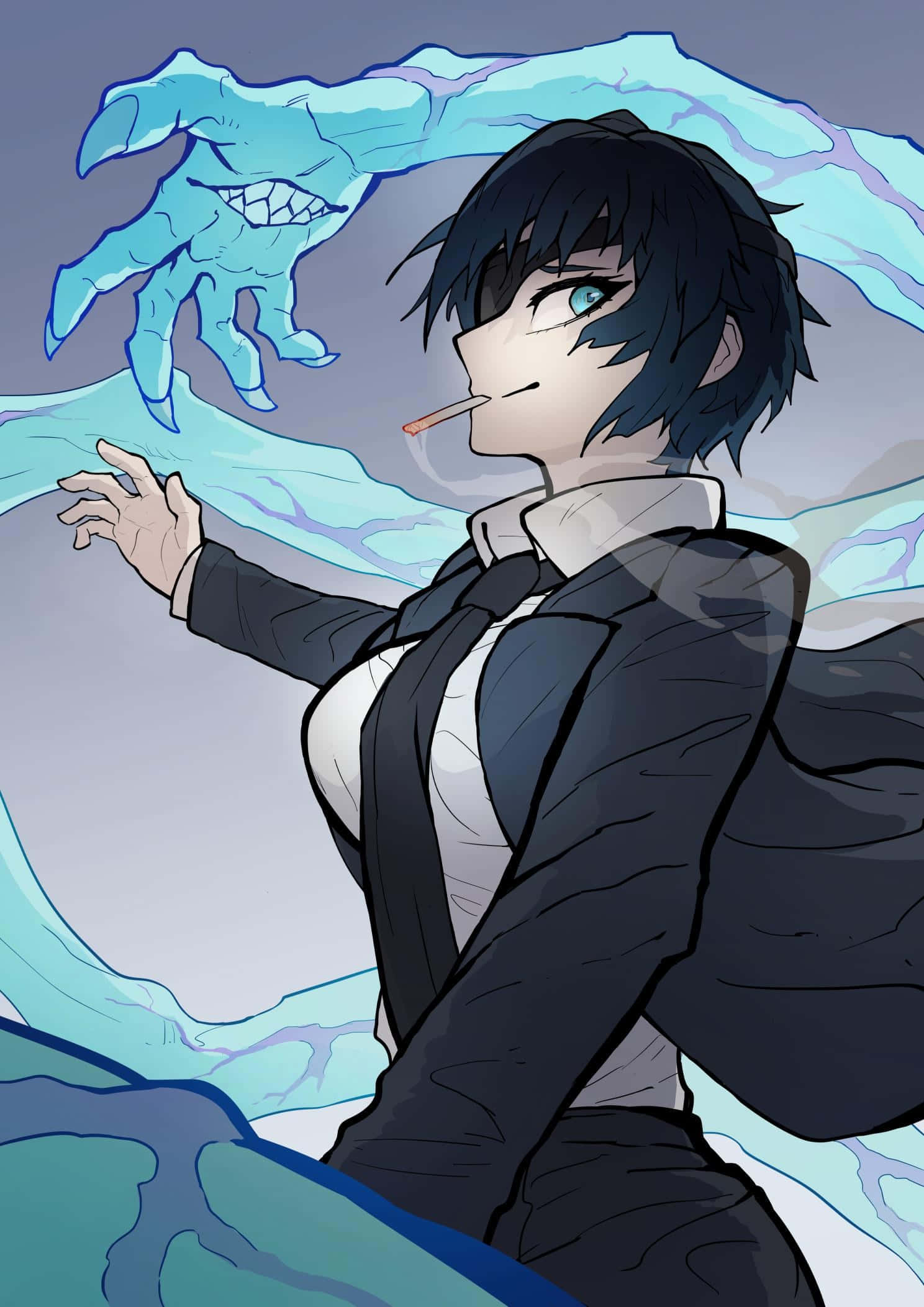 Himeno, Chainsaw Man, glowing blue ice monster, Full HD Phone Wallpaper
