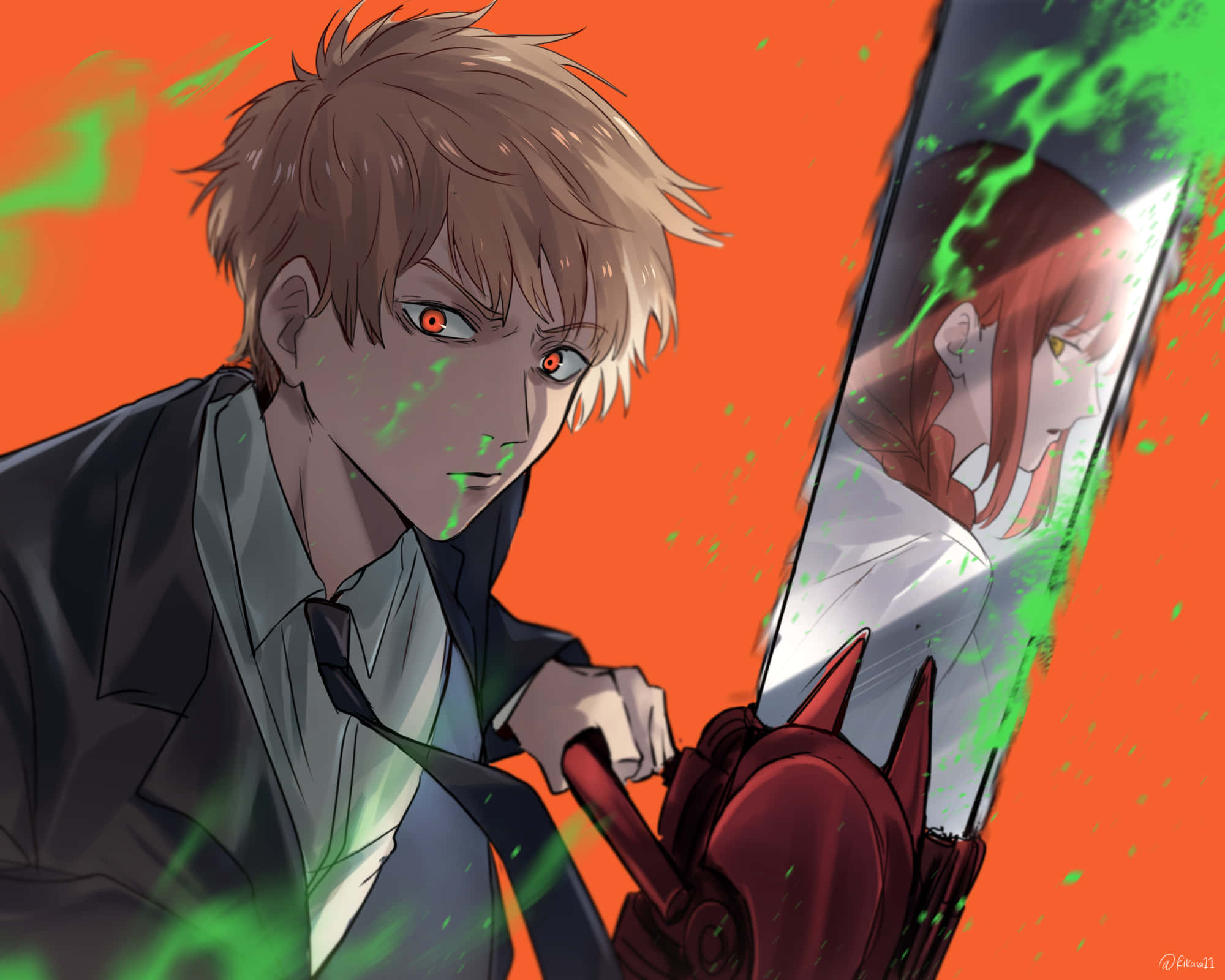 Chainsaw Man, green blood, chainsaw, Full HD Desktop Wallpaper