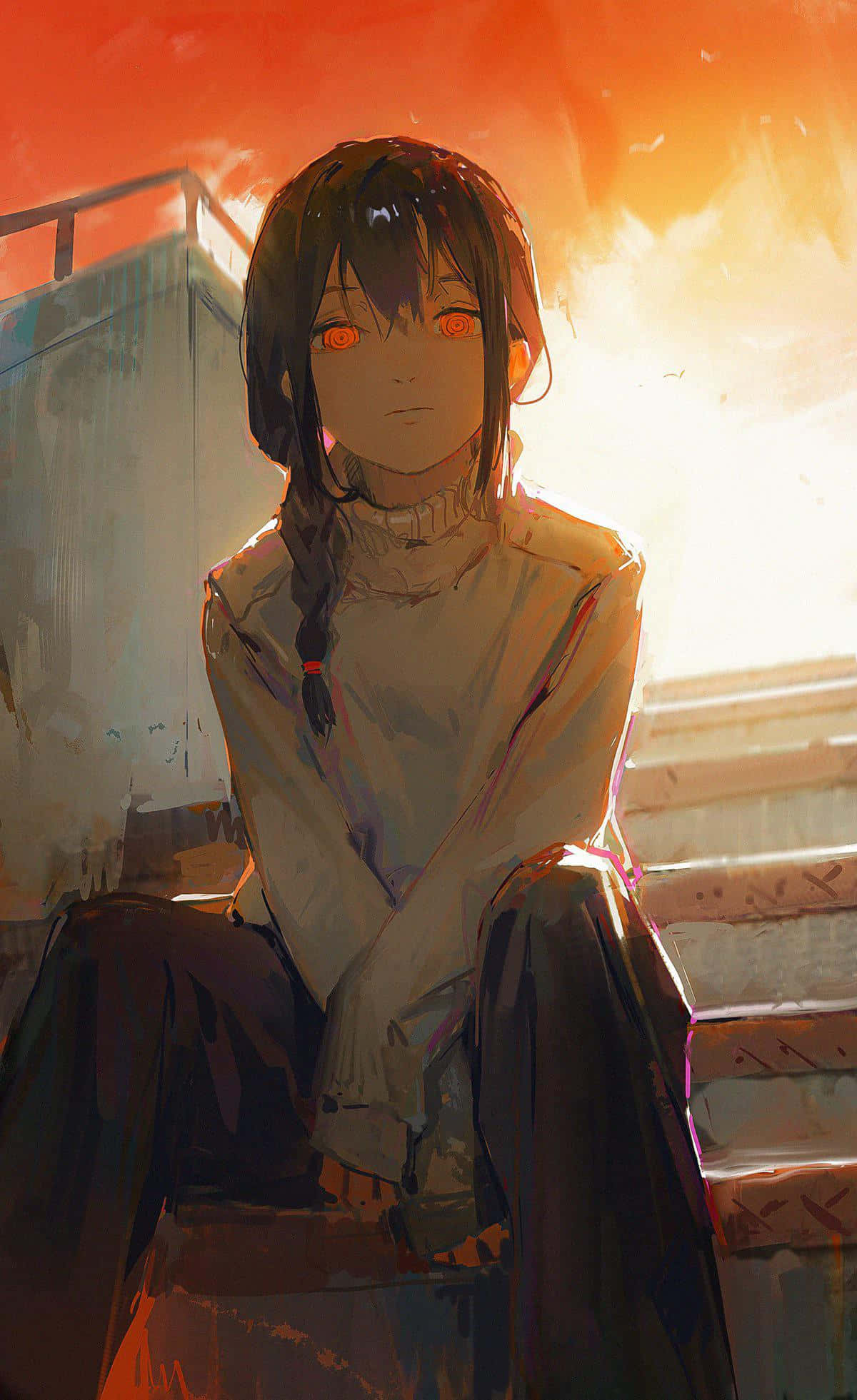 Chainsaw Man Nayuta, glowing orange eyes, concrete steps, Full HD Phone Wallpaper