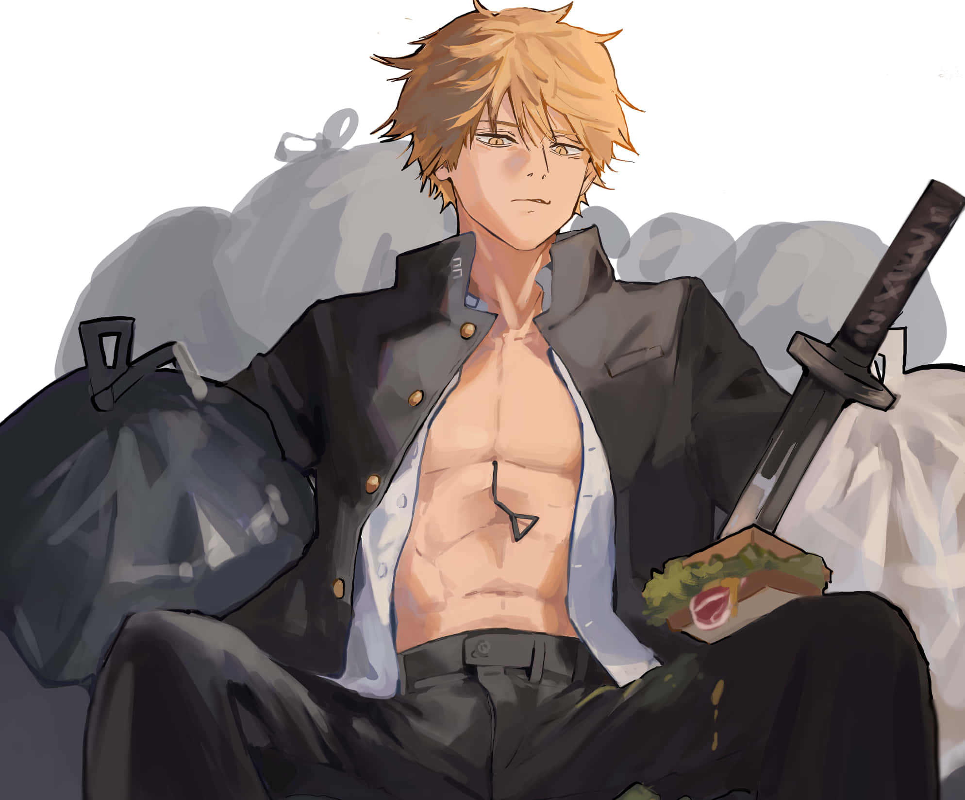 Chainsaw Man, spiky blonde hair, muscular anime boy, Full HD Desktop Wallpaper