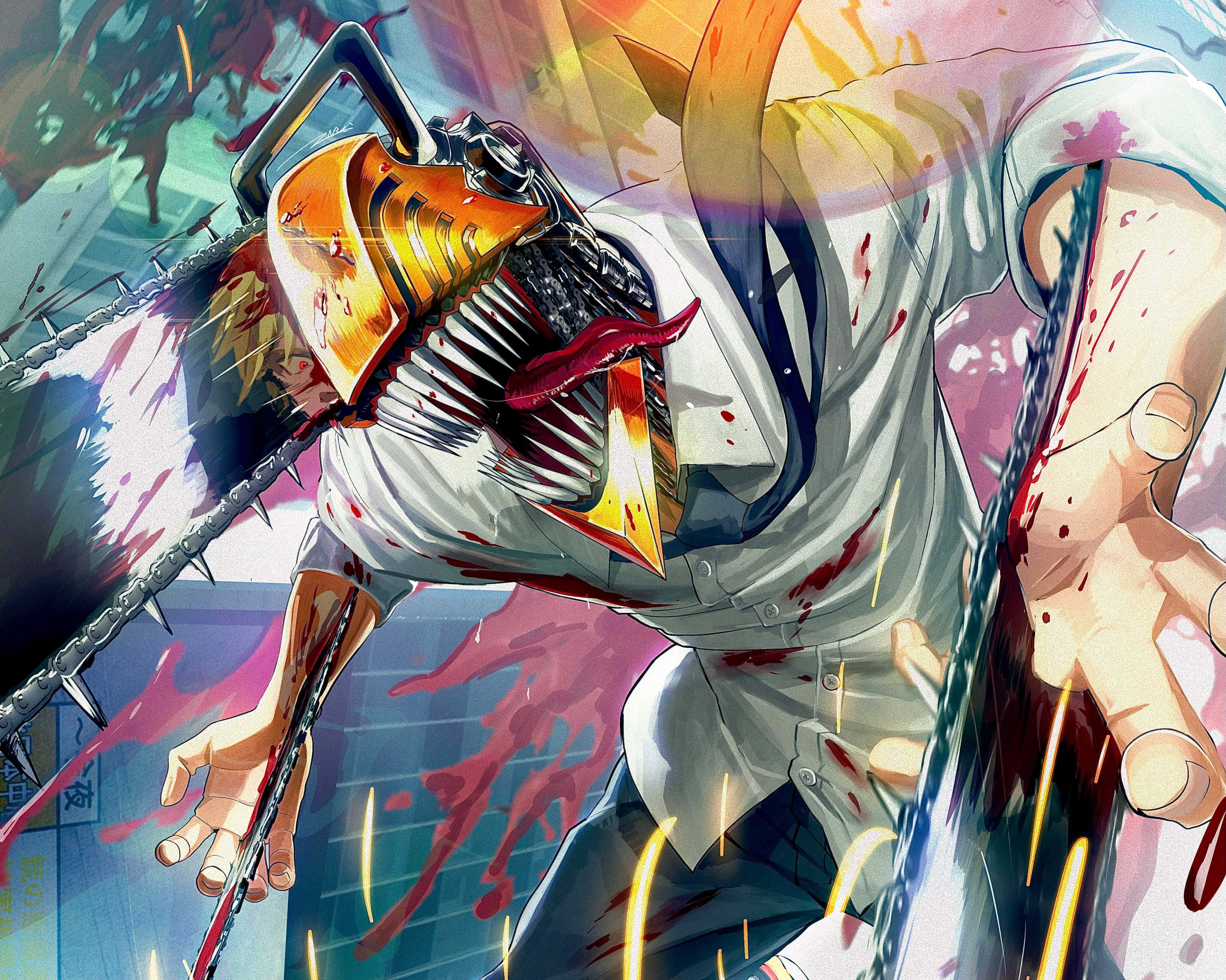 Chainsaw Man, chainsaw with a grotesque, toothed face embedded in the blade, blood-splattered anime character, 4K Desktop Wallpaper