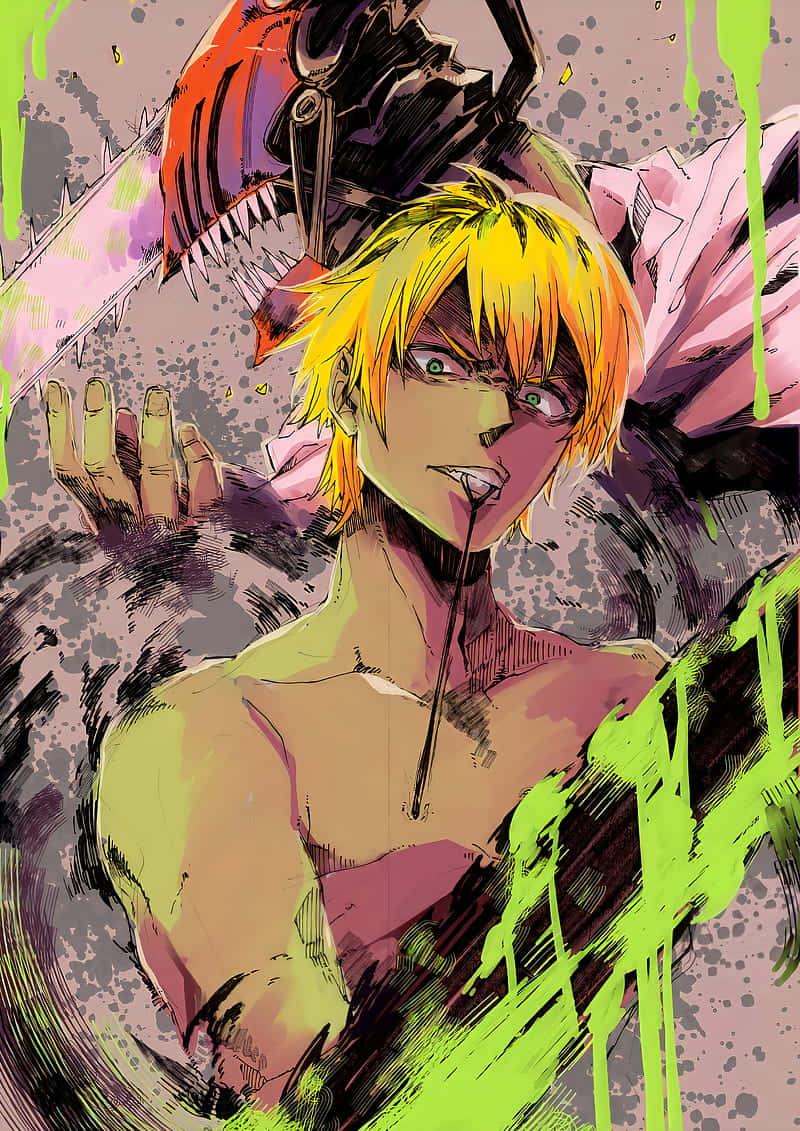 Chainsaw Man, angry, spiky blonde hair, SD Phone Wallpaper