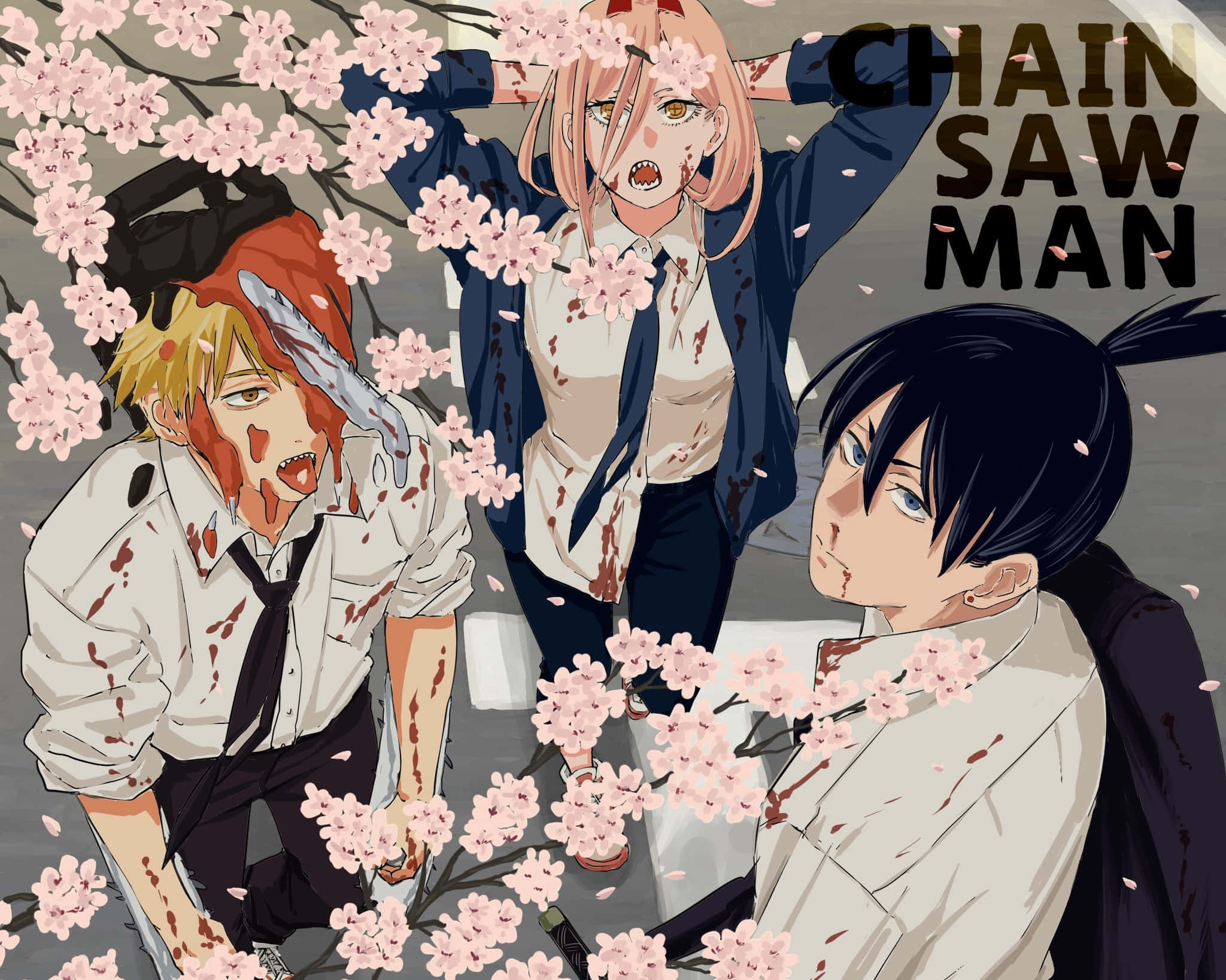 Chainsaw Man, cherry blossom, anime characters, Full HD Desktop Wallpaper