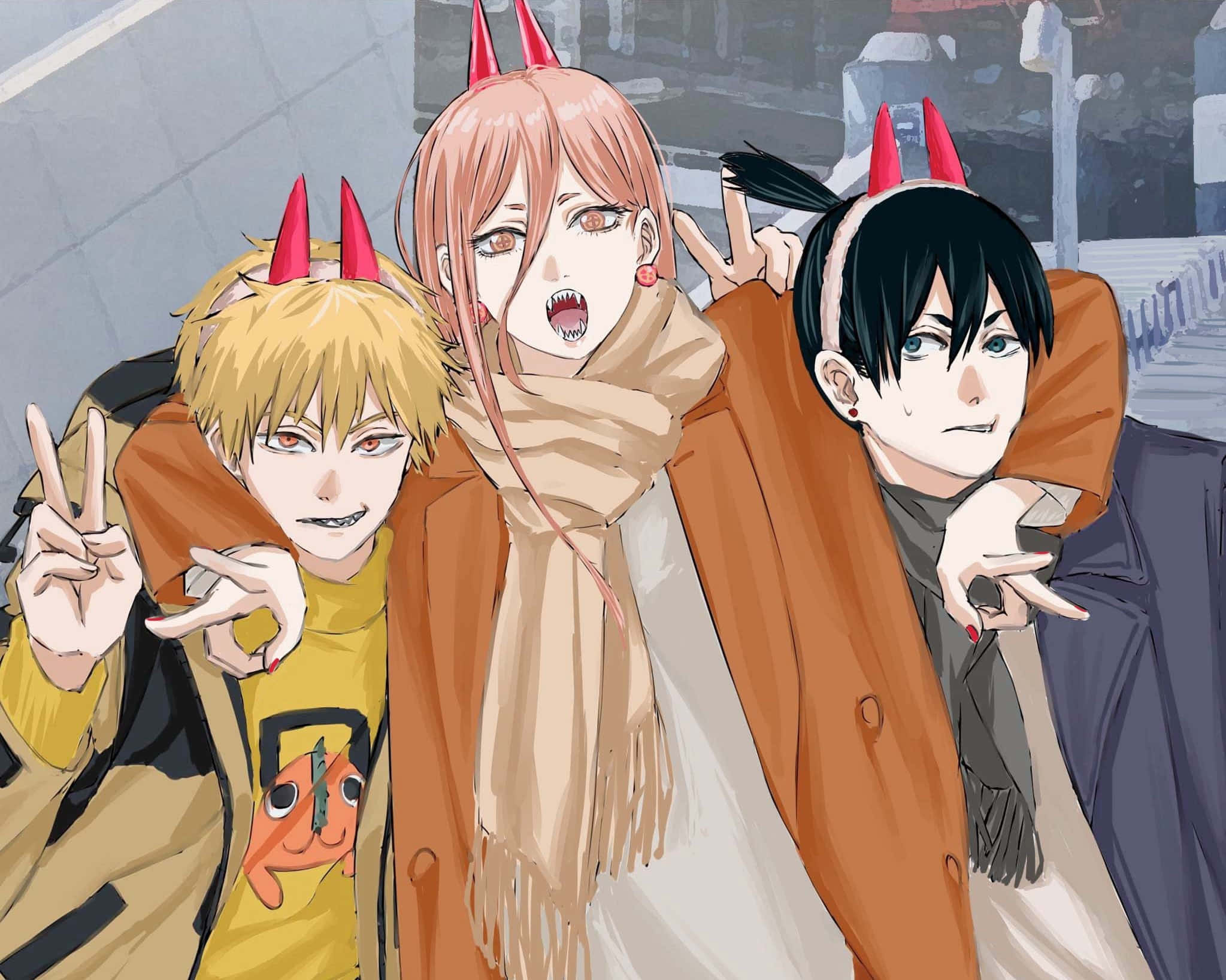 Chainsaw Man, red devil horns, city street, Full HD Desktop Wallpaper