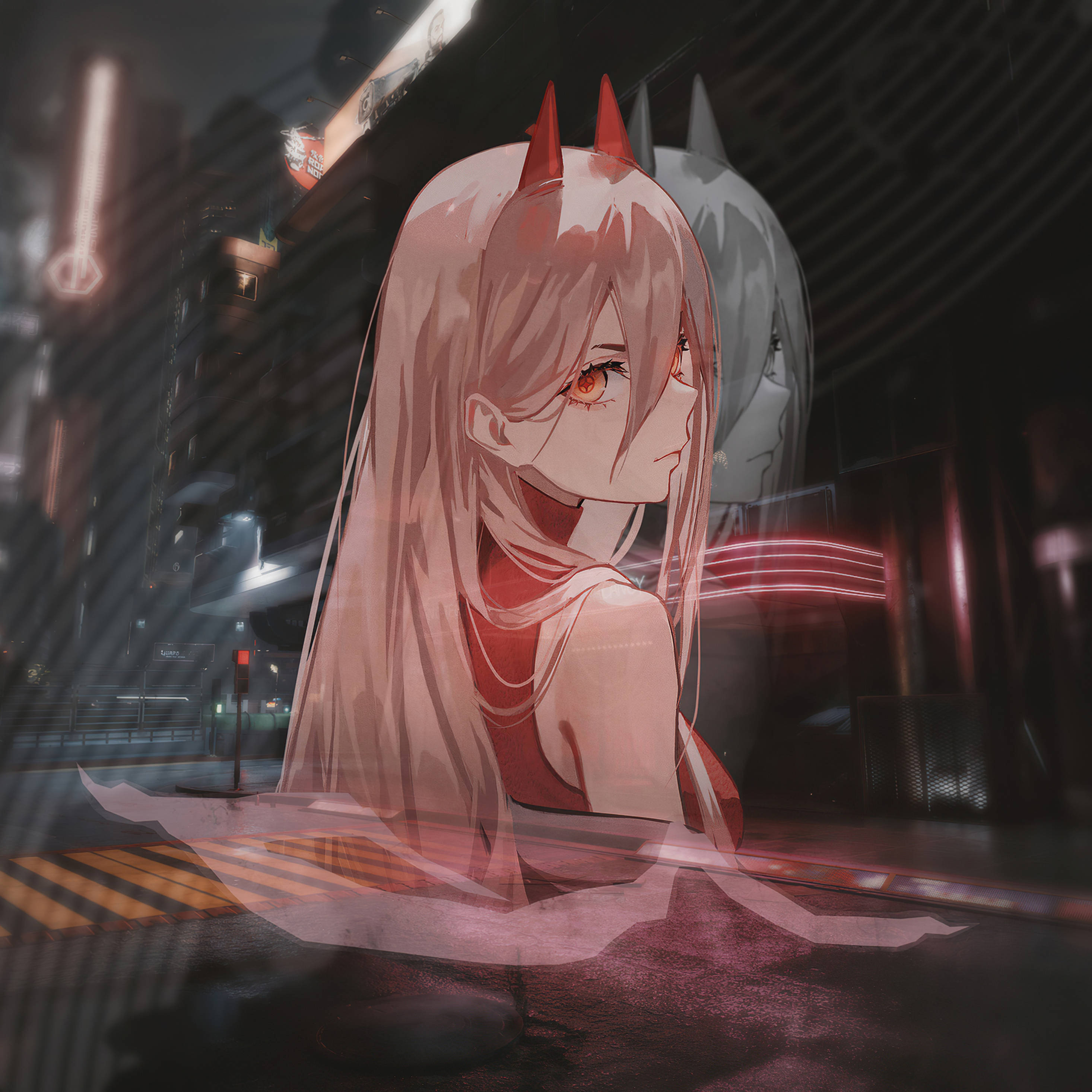 Chainsaw Man, pink-haired anime girl, red horns, 2K Desktop Wallpaper