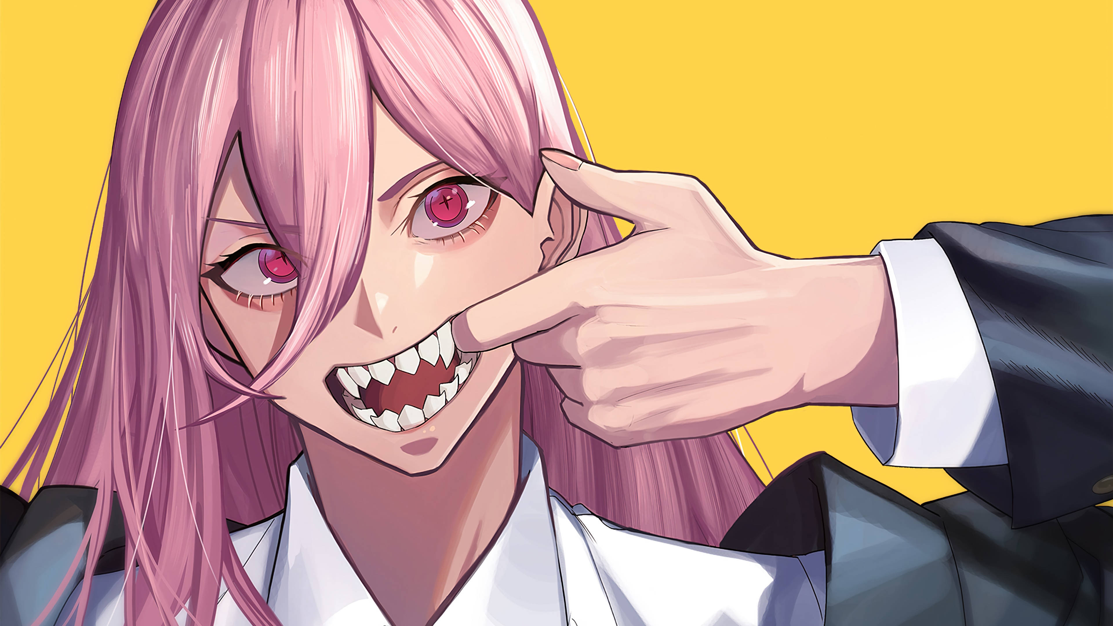Chainsaw Man, pink-haired anime girl, red eyes, 4K Desktop Wallpaper