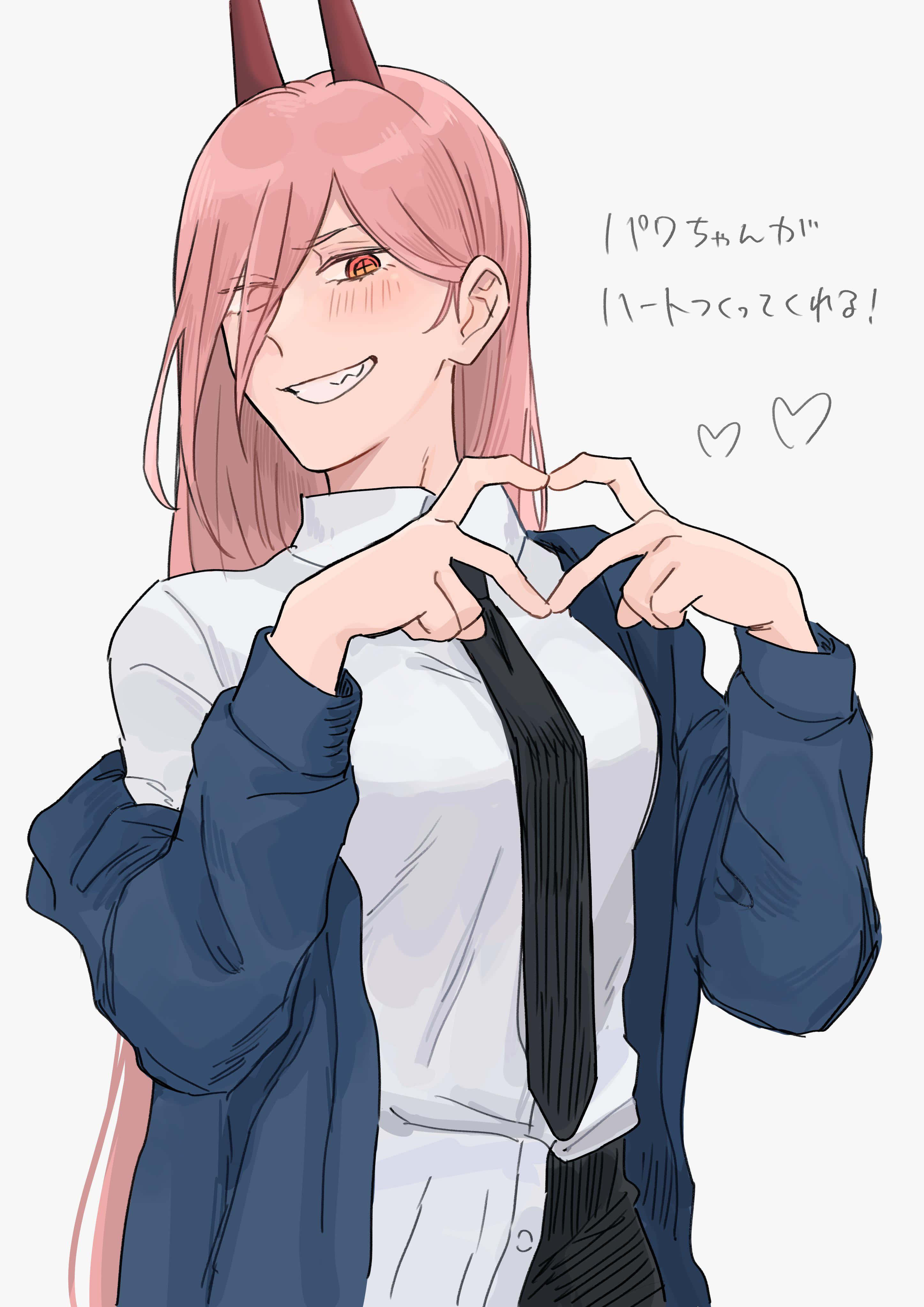 Power Chainsaw Man, heart gesture, pink-haired anime girl, 4K Phone Wallpaper