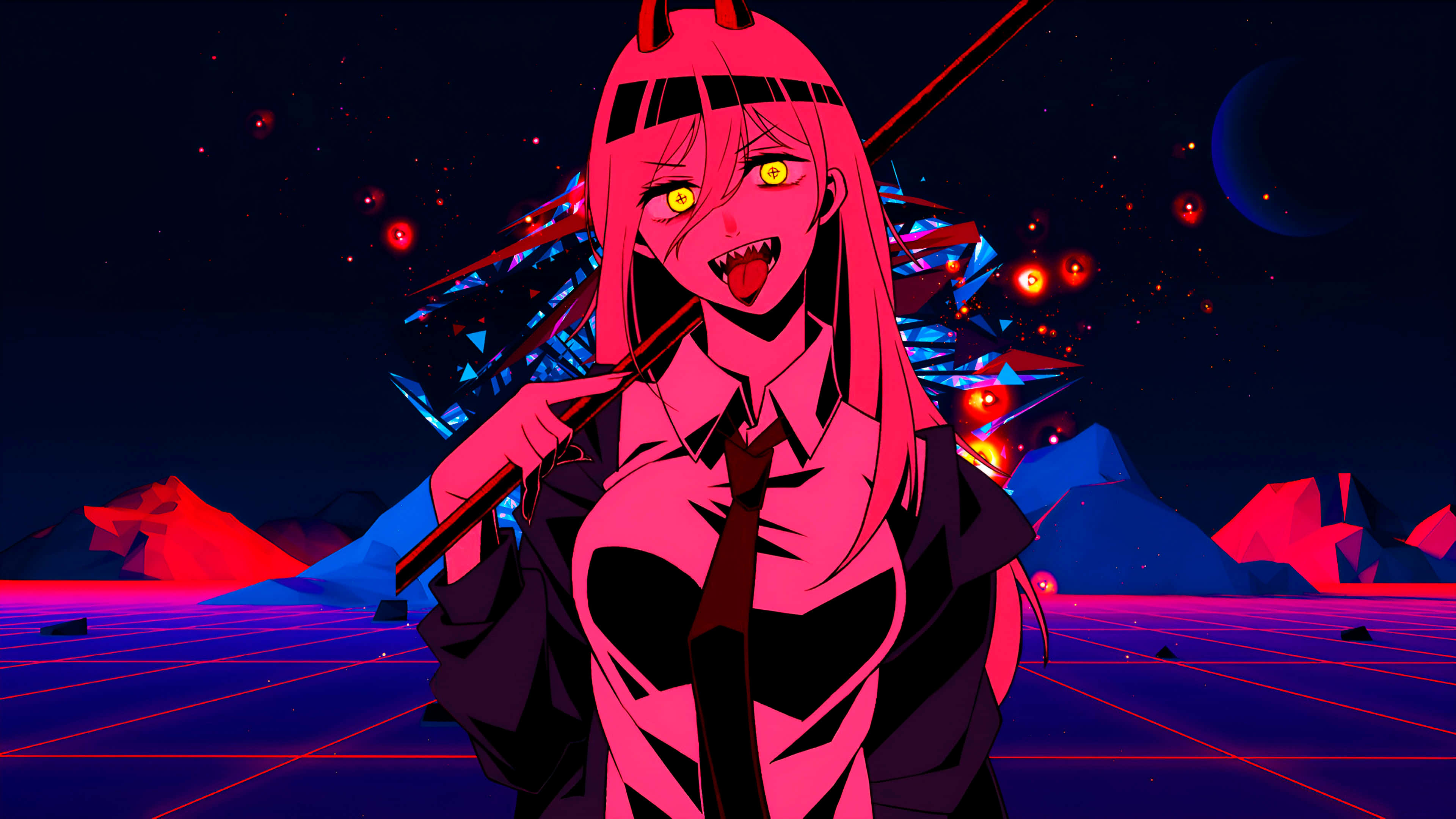 Chainsaw Man Power, neon nightmare, pink-haired anime girl, 4K Desktop Wallpaper