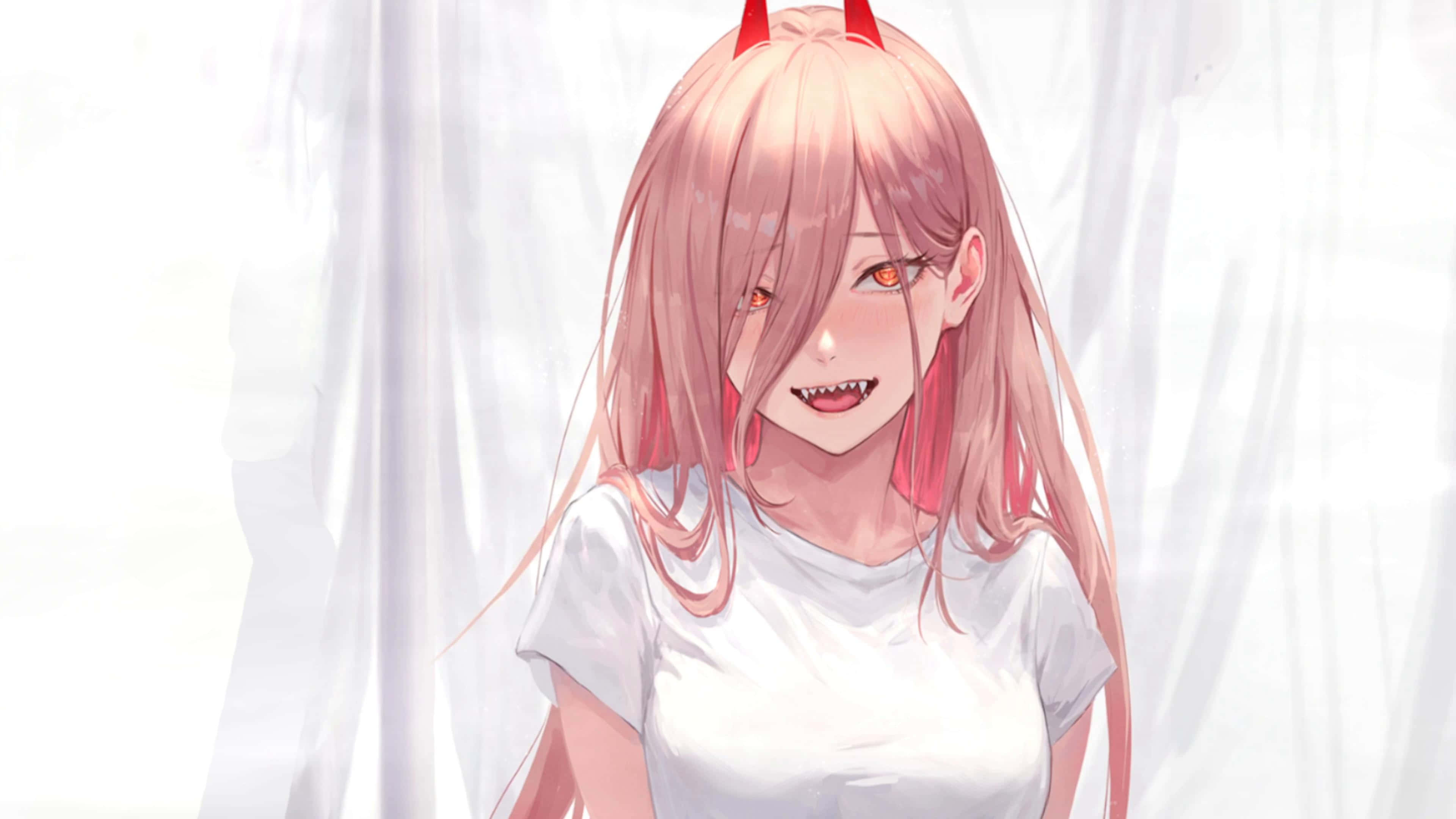 Chainsaw Man Power, pink-haired anime girl, red horns, 4K Desktop Wallpaper