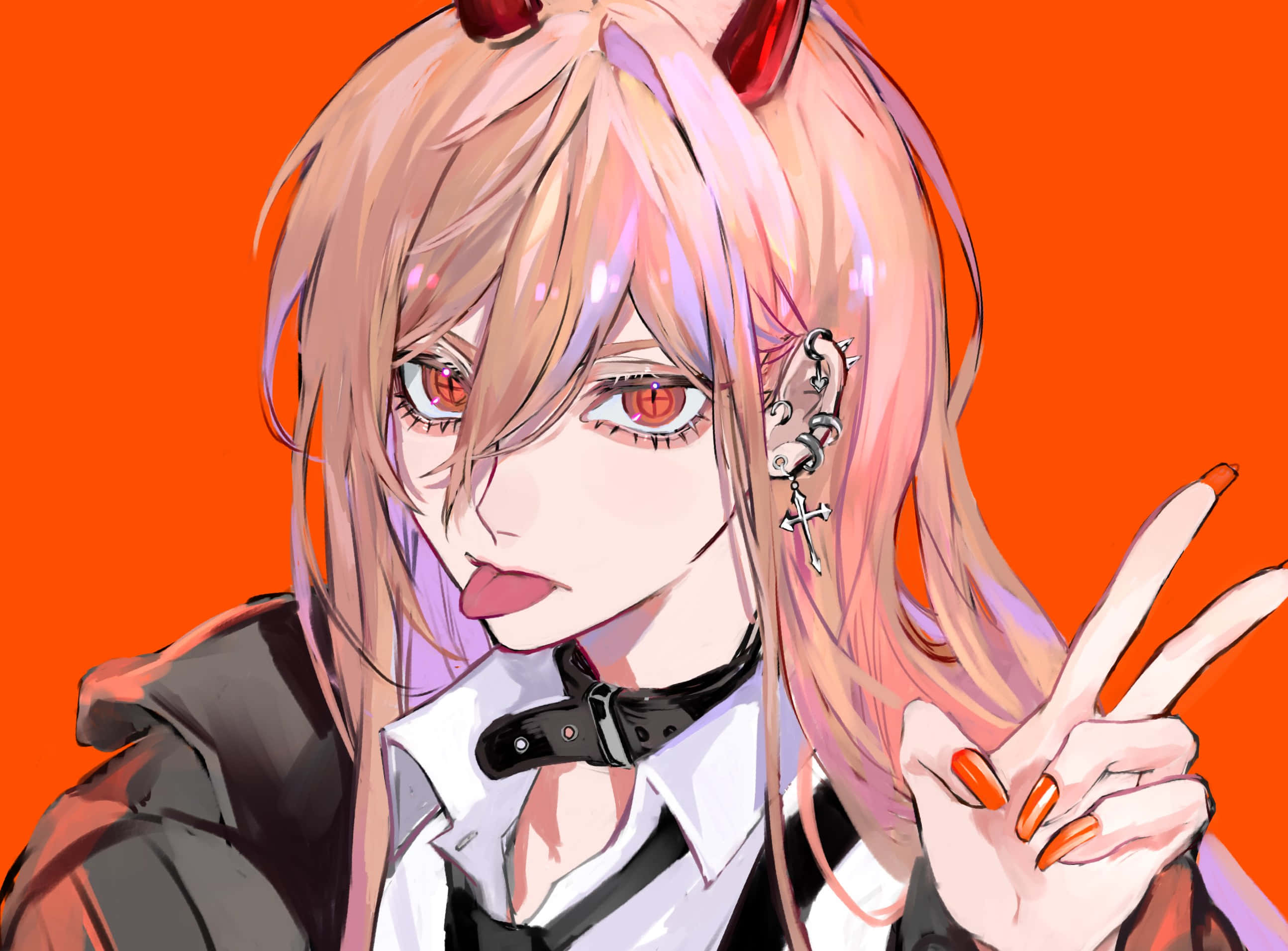 Chainsaw Man Power, peace sign, pink-haired anime girl, 2K Desktop Wallpaper