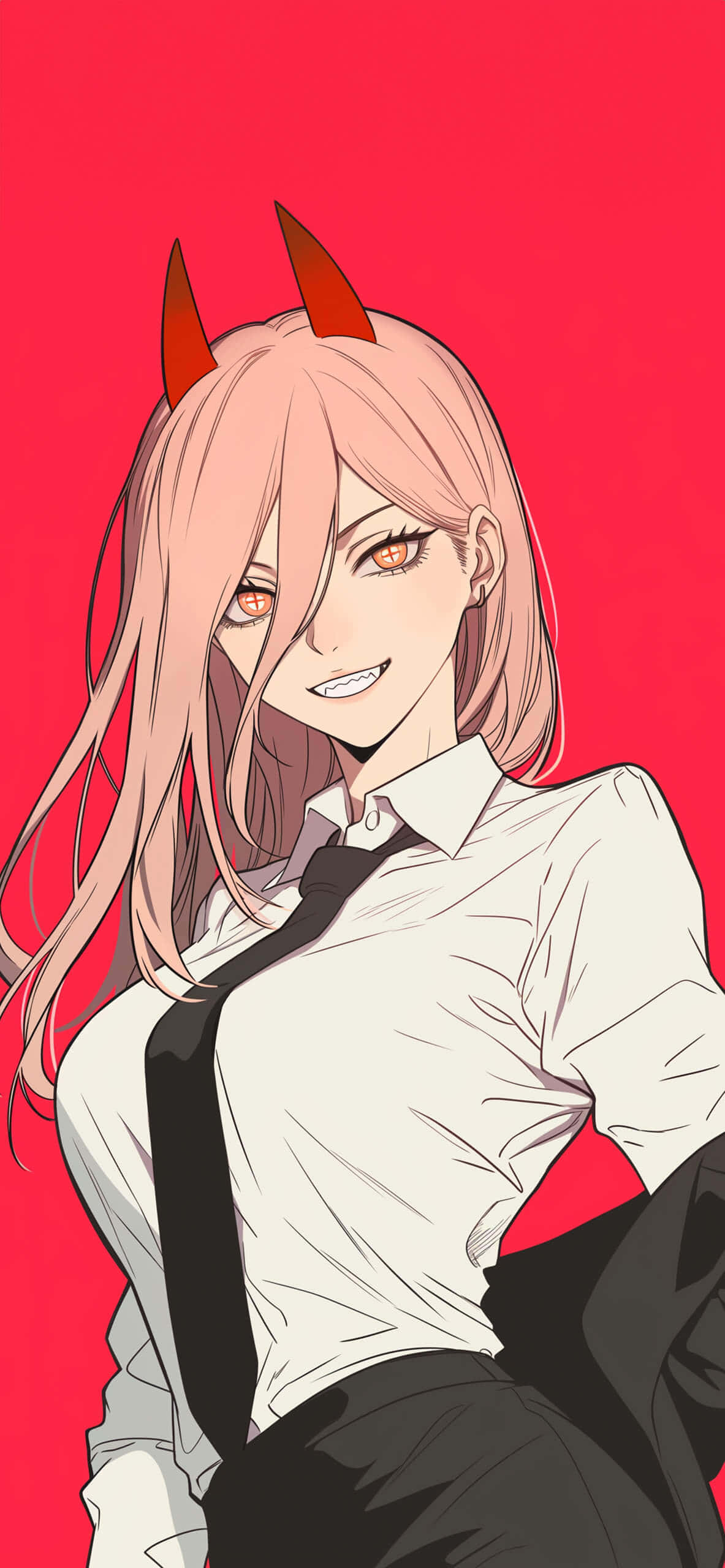 Chainsaw Man Power, pink-haired anime girl, red horns, 2K Phone Wallpaper