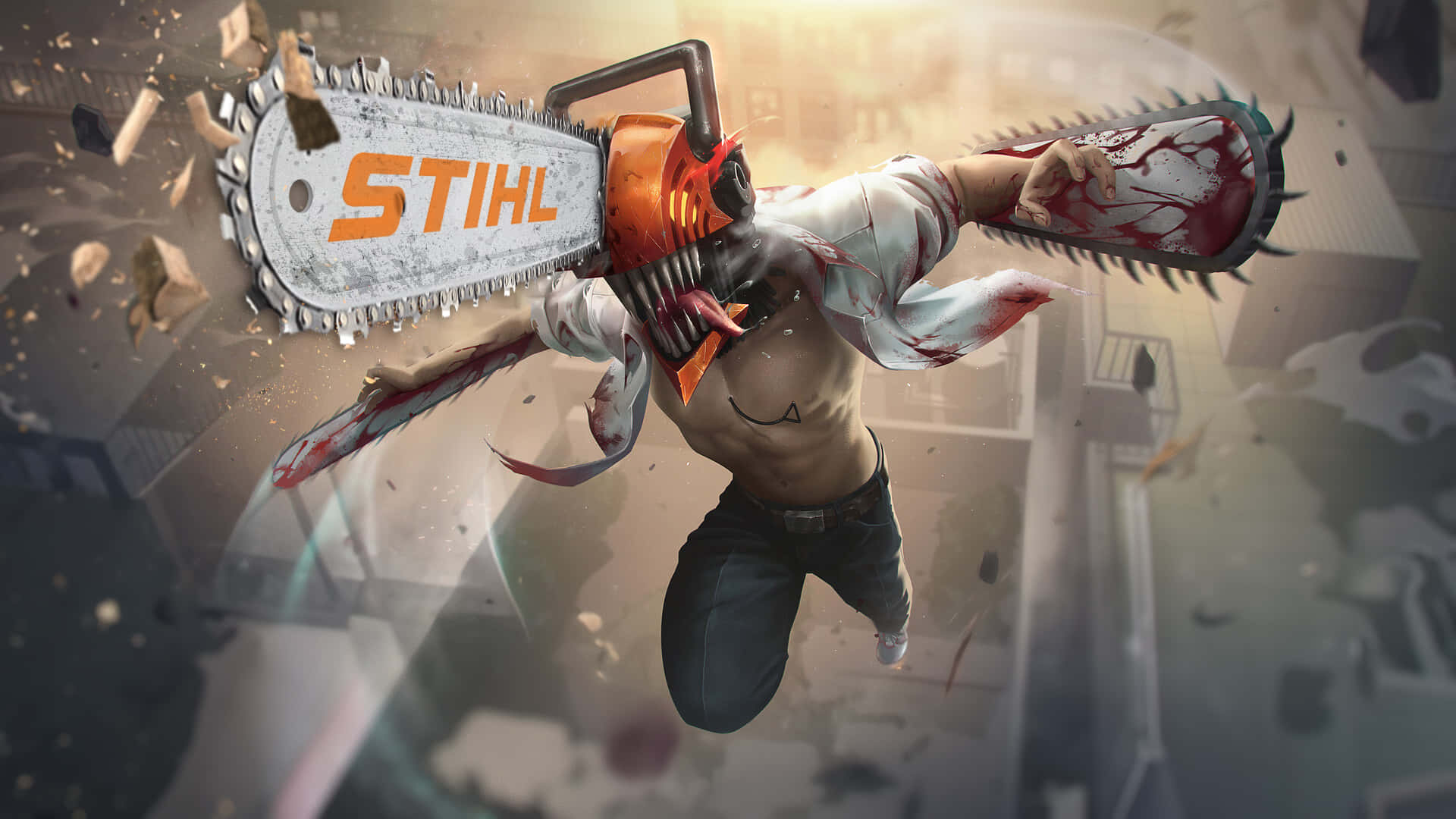 chainsaw for a head, shirtless man, cityscape, Full HD Desktop Wallpaper