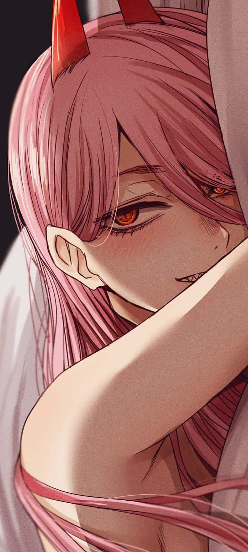 Power Chainsaw Man, pink-haired anime girl, red horns, HD Phone Wallpaper