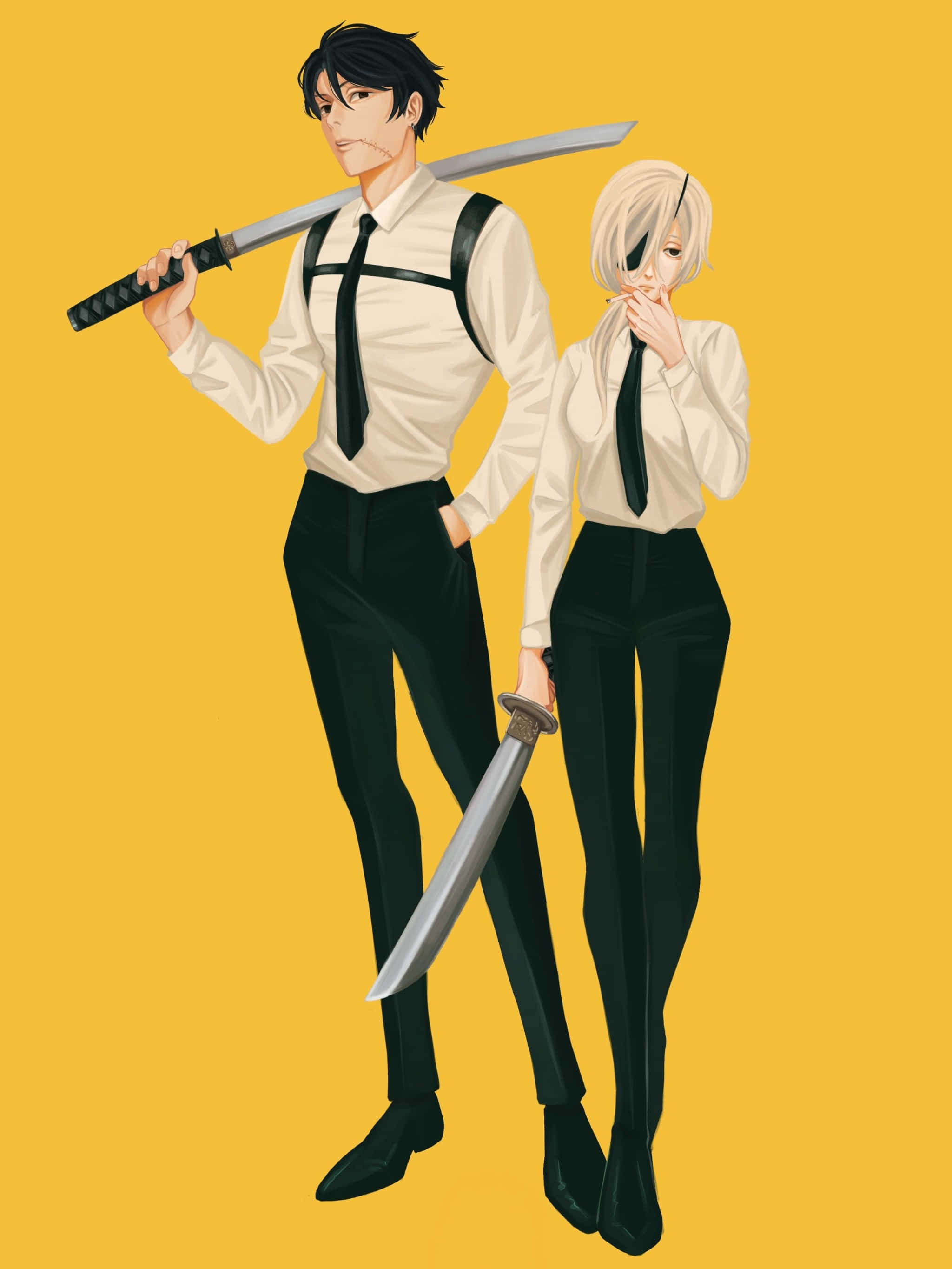 Chainsaw Man, anime characters, white shirts, 2K Phone Wallpaper