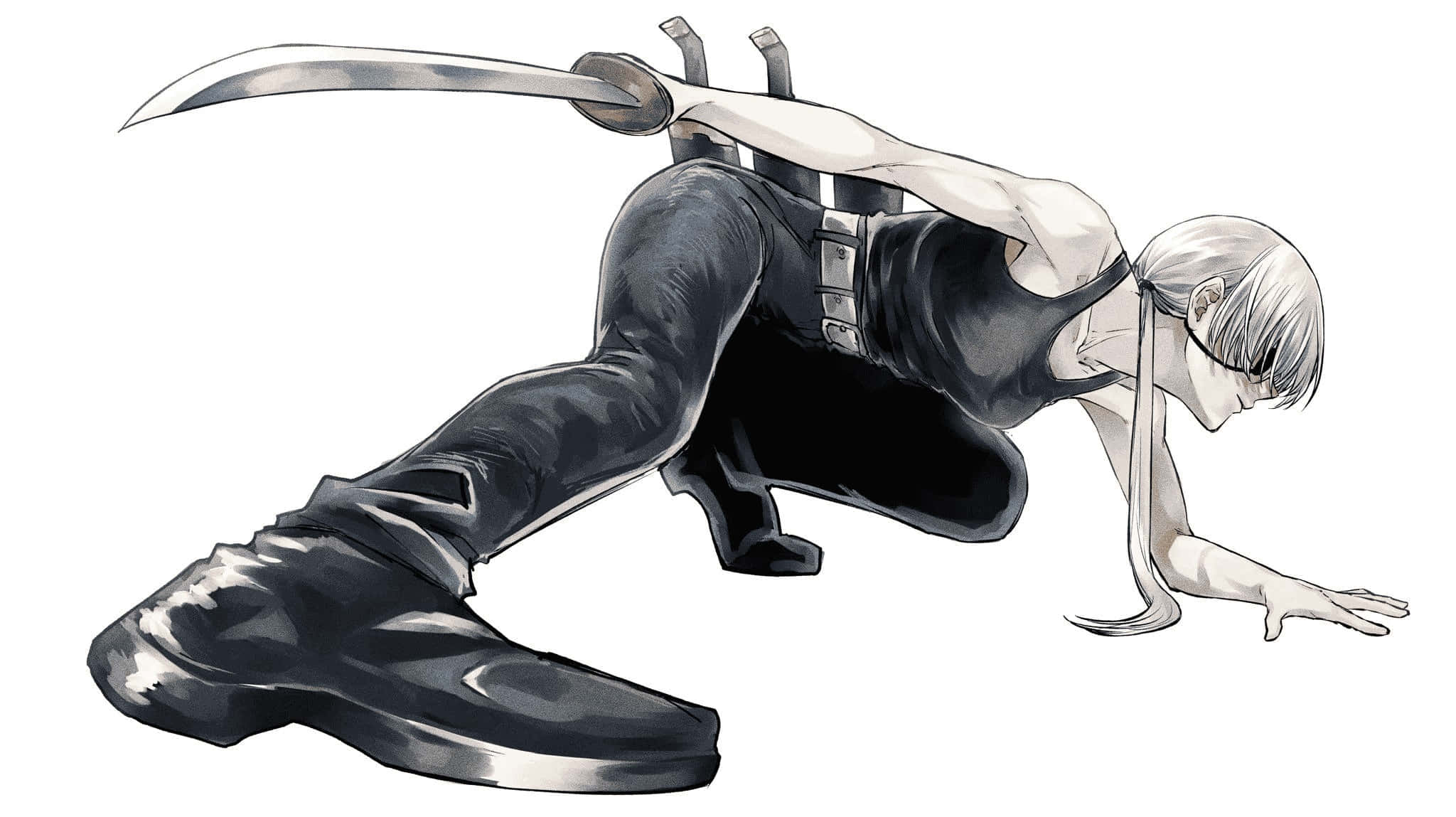 Chainsaw Man Quanxi, silver-haired anime warrior, black gear, Full HD Desktop Wallpaper