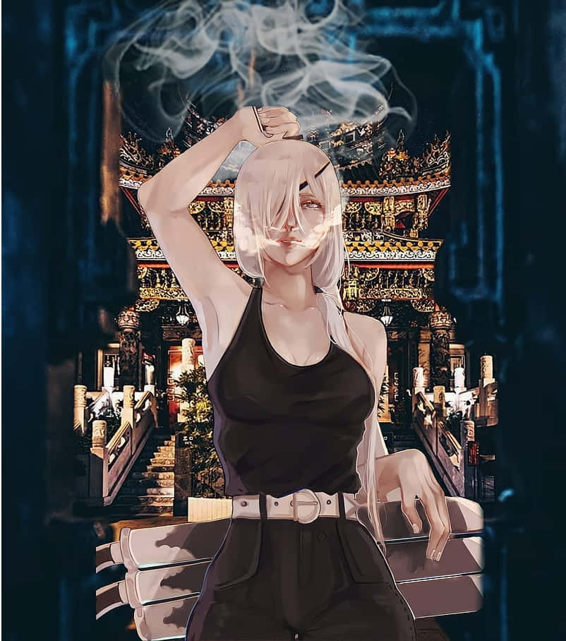 Quanxi Chainsaw Man, silver-haired anime woman, black tank top, SD Phone Wallpaper