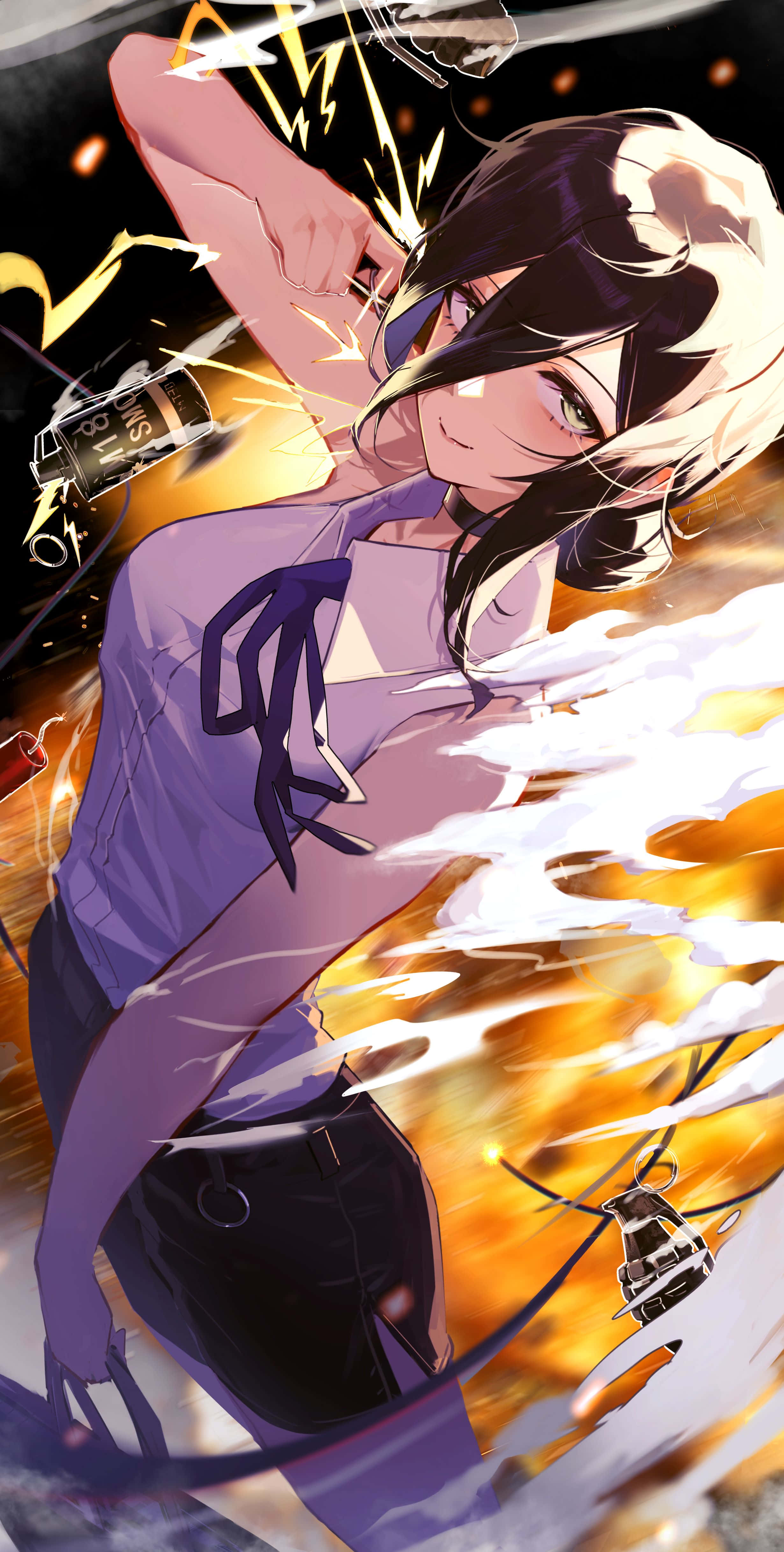 Chainsaw Man Reze, purple shirt, black pants, 4K Phone Wallpaper