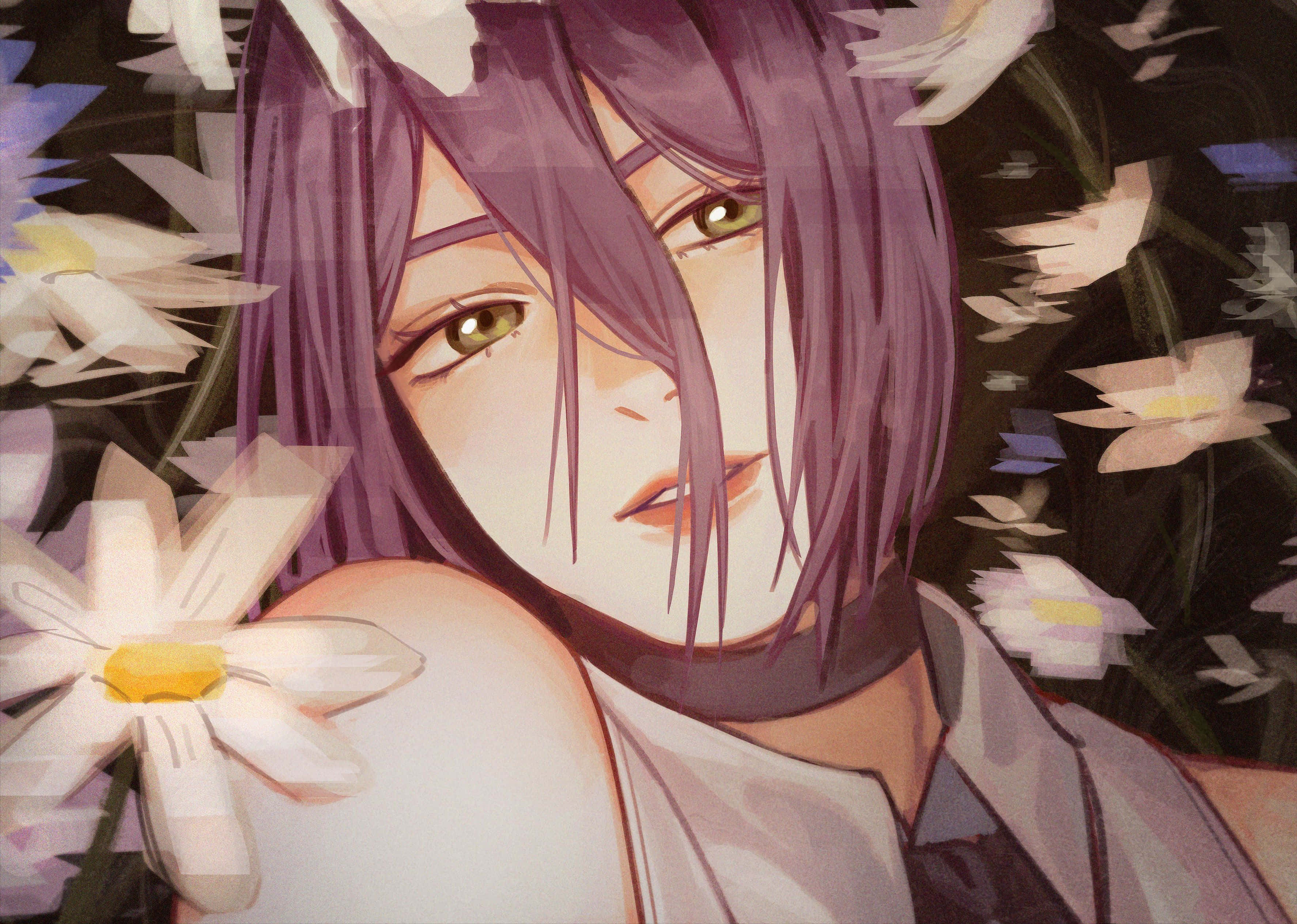 Reze, purple hair, green eyes, 2K Desktop Wallpaper
