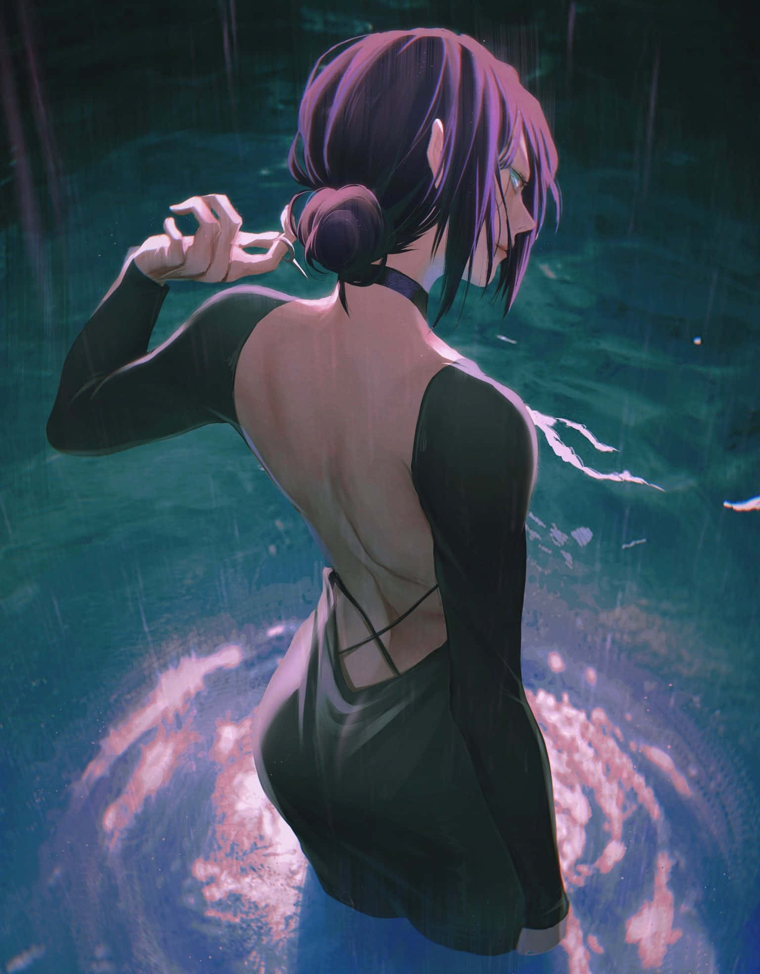 Chainsaw Man Reze, purple-haired, black backless dress, Full HD Phone Wallpaper