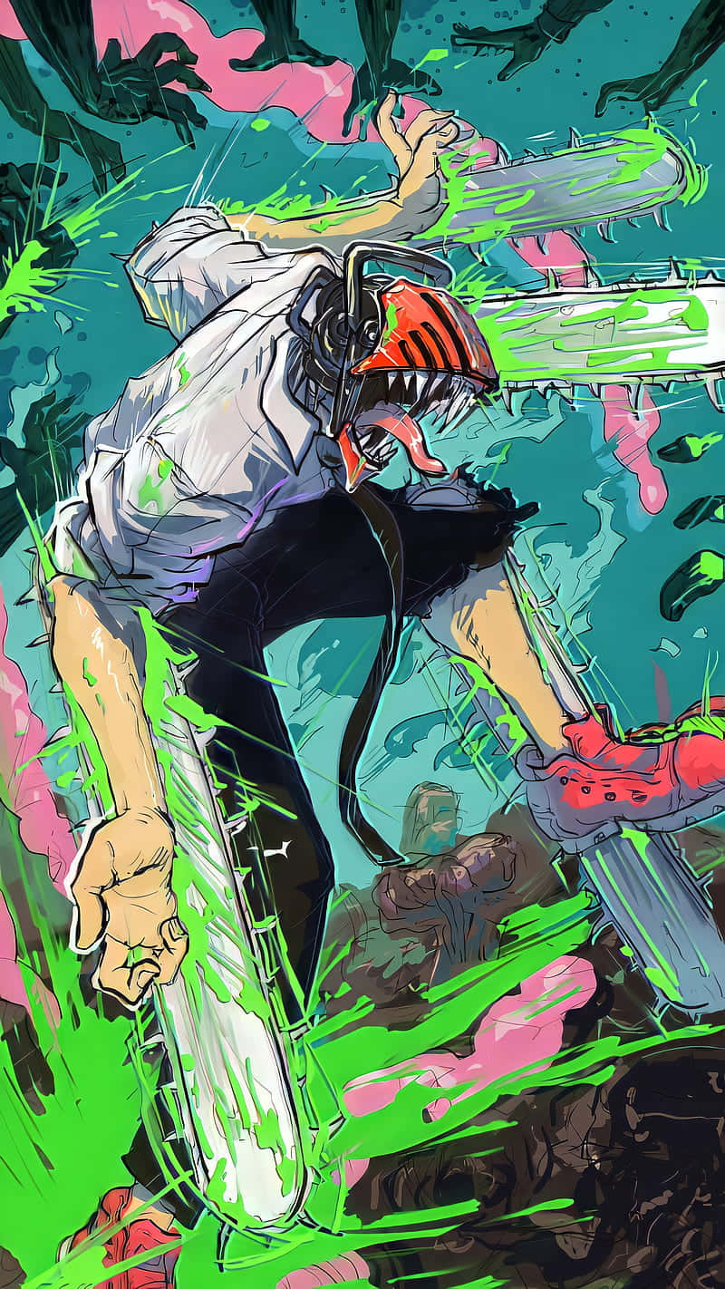 Chainsaw Man, chainsaw, explosive green and pink splatters, HD Phone Wallpaper