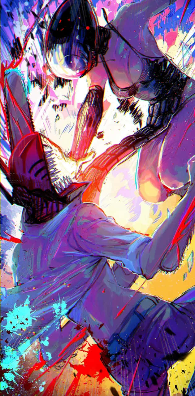 Chainsaw Man, glowing eyes, vibrant paint splatters, SD Phone Wallpaper