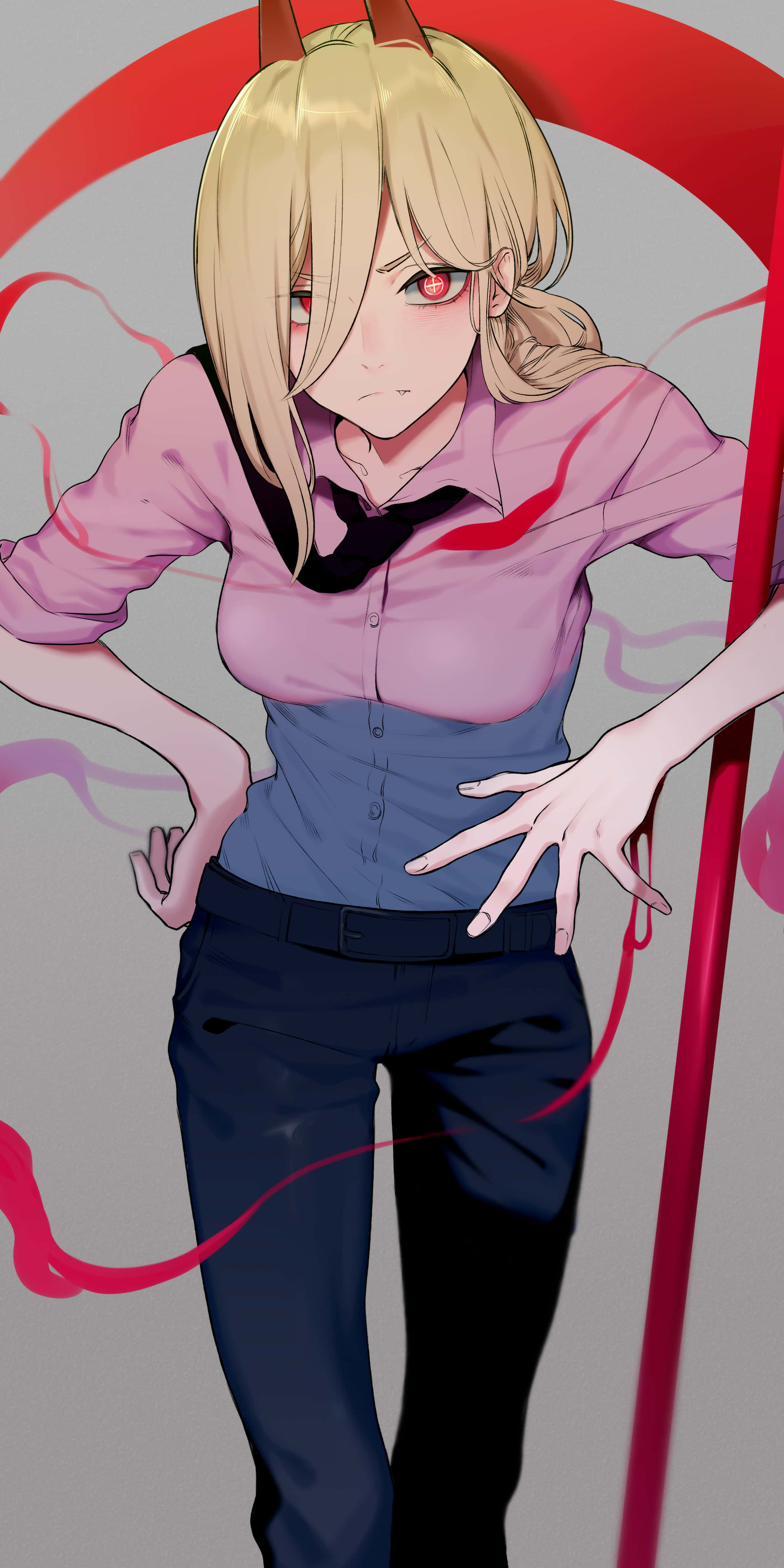 Chainsaw Man, blonde anime girl, red eyes, 4K Phone Wallpaper