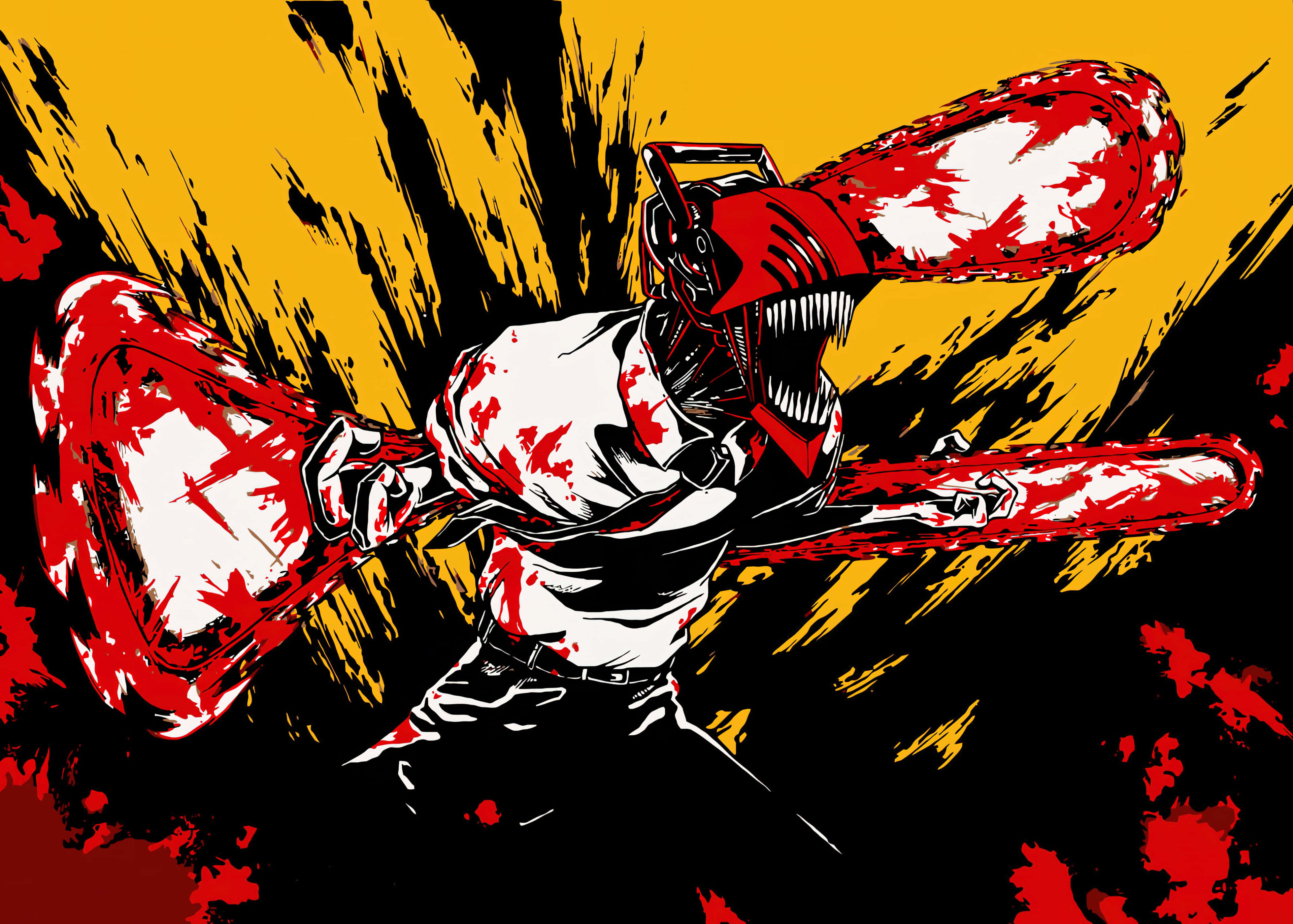 chainsaw head, bloodied chainsaw, fiery yellow and black background, 4K Desktop Wallpaper