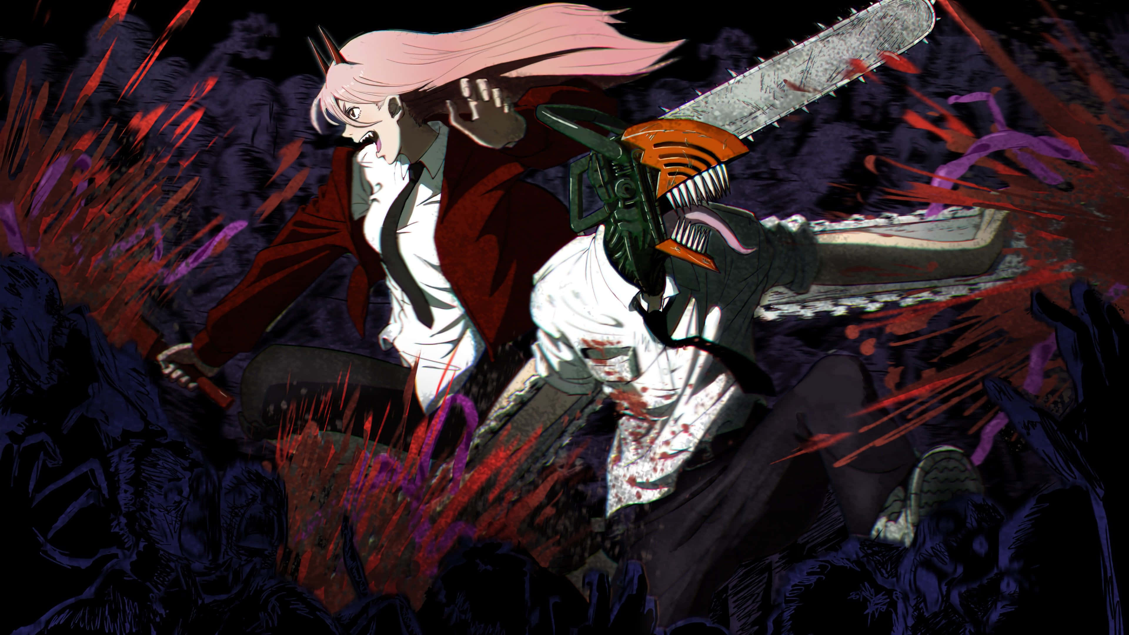 pink-haired anime girl, chainsaw, dark figures, 4K Desktop Wallpaper
