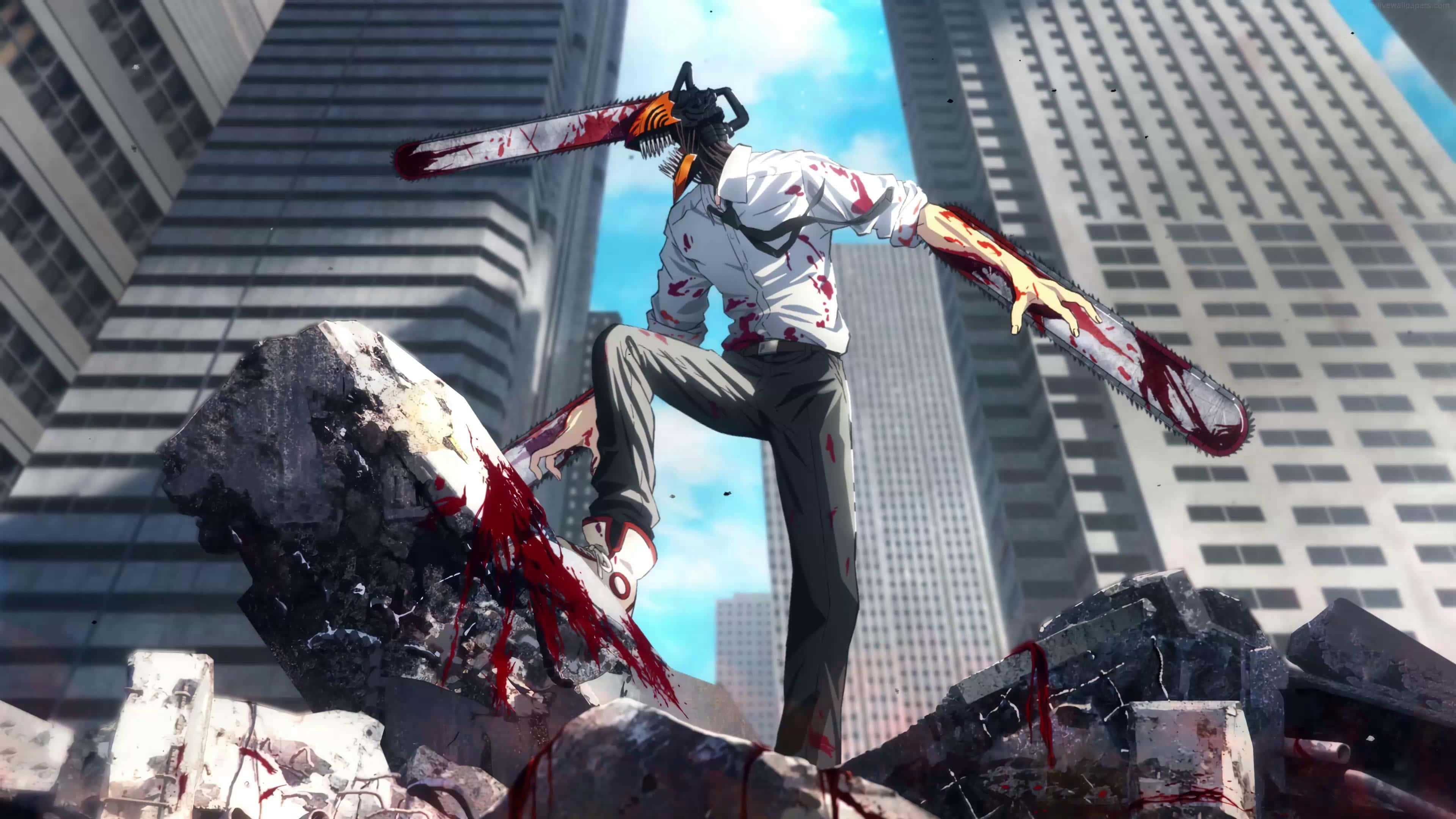 chainsaw-wielding anime character, rubble, shattered cityscape, 4K Desktop Wallpaper