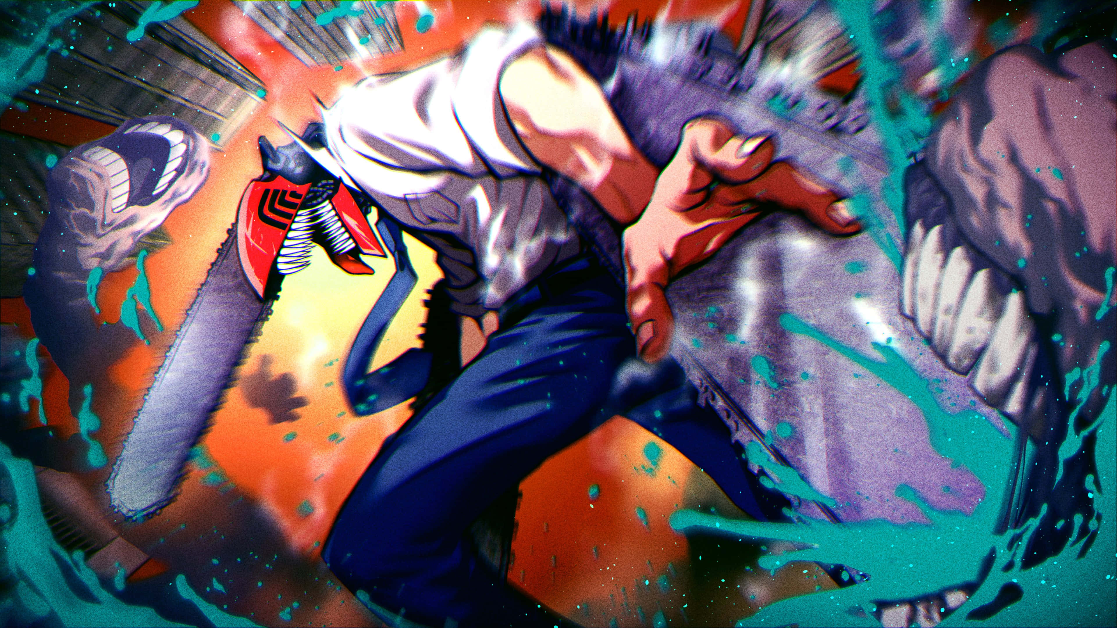 Chainsaw Man, chainsaw, orange and teal paint splatters, 4K Desktop Wallpaper