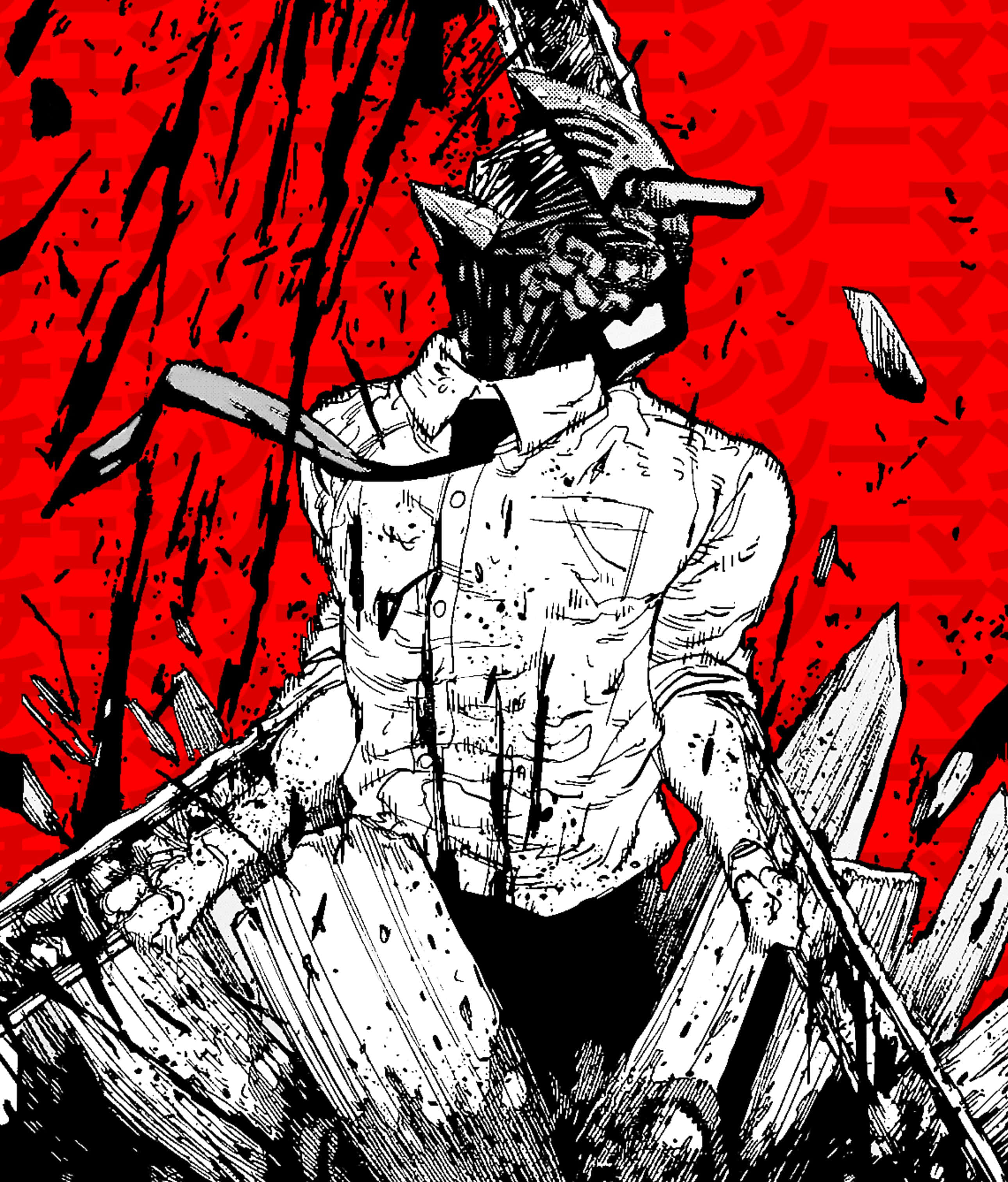 Chainsaw Man, broken mask, blood splatter, 2K Phone Wallpaper