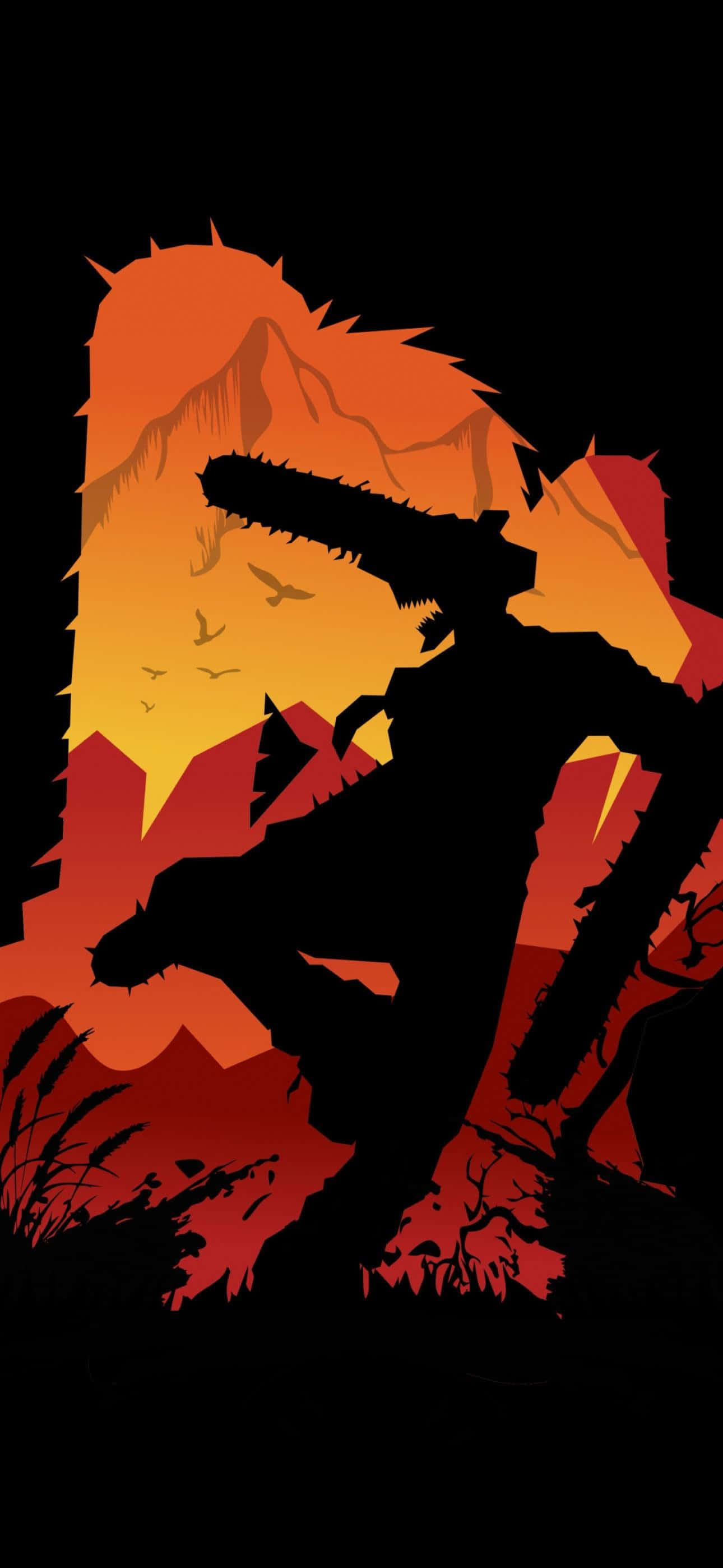 Chainsaw Man, silhouette, fiery orange and red mountain sunset, 2K Phone Wallpaper