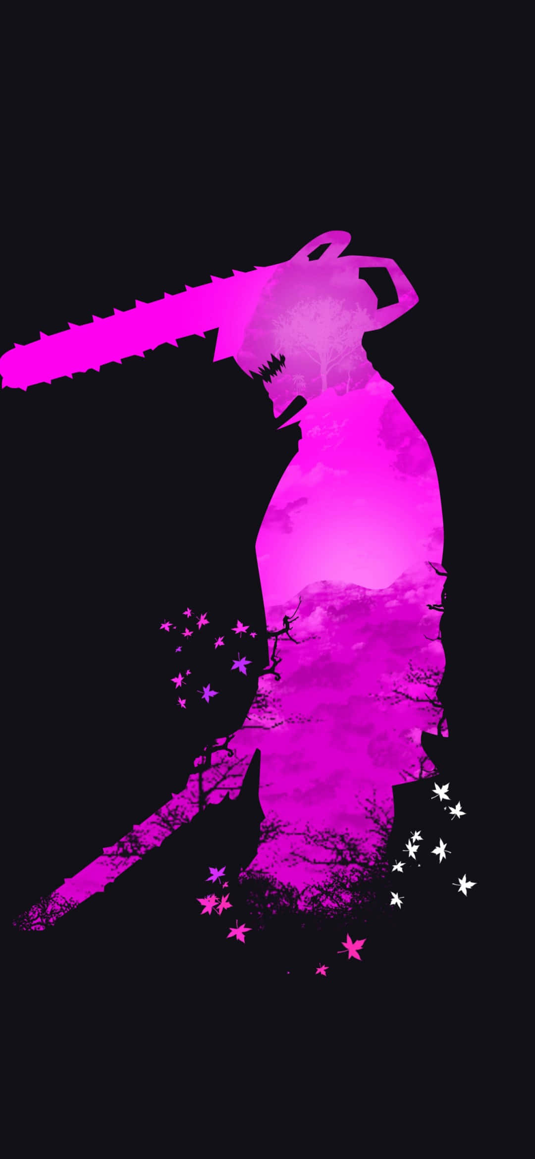 chainsaw, pink silhouette, black background, Full HD Phone Wallpaper