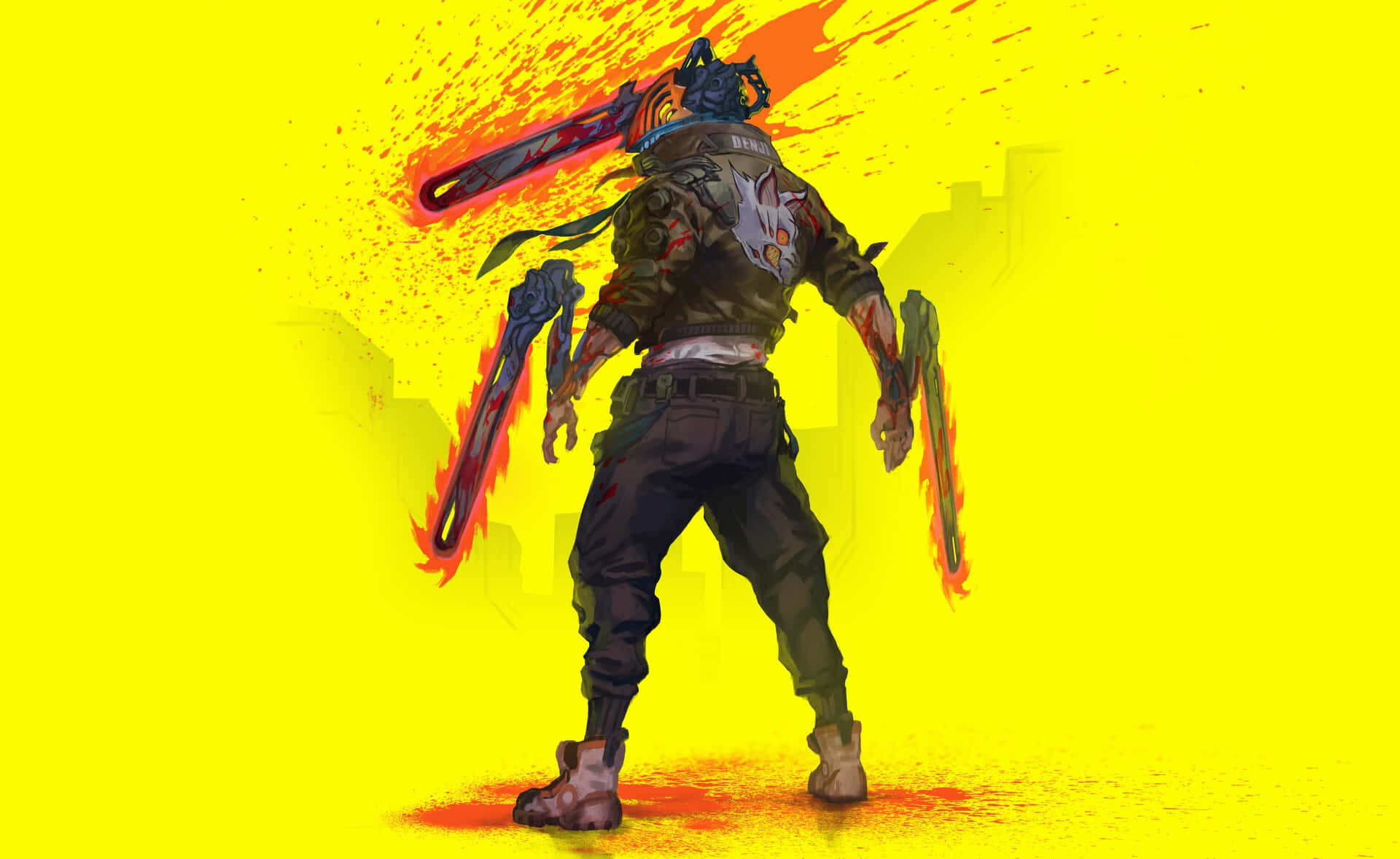 chainsaw, warrior, neon yellow cityscape, Full HD Desktop Wallpaper
