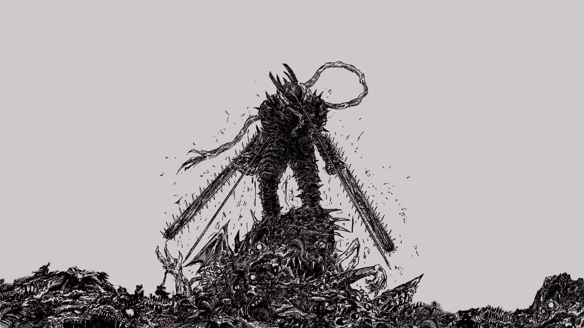 monstrous figure, chainsaw, jagged hill, Full HD Desktop Wallpaper