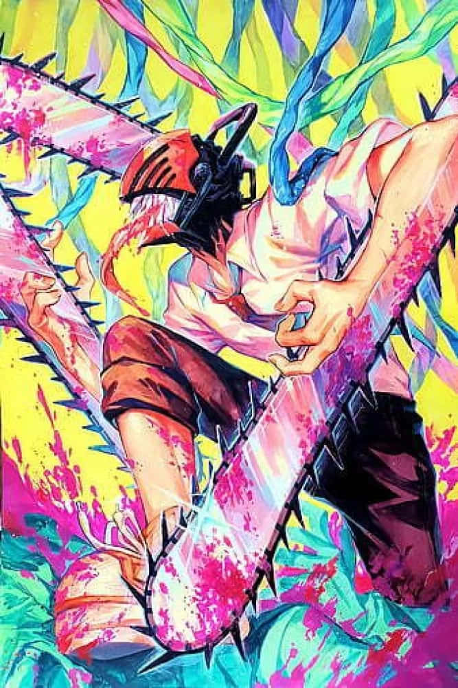 Chainsaw Man, pink, teal, SD Phone Wallpaper