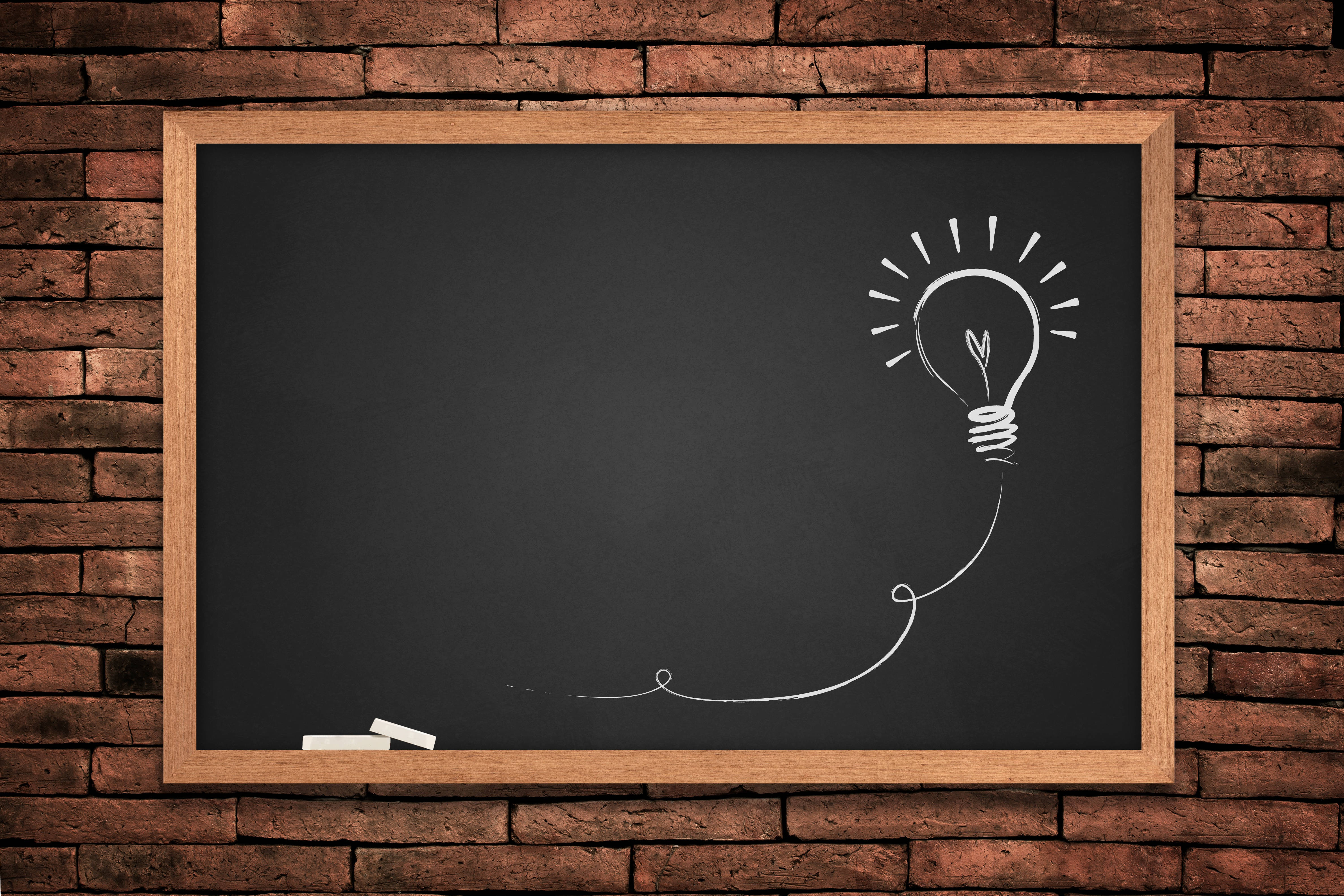 chalkboard, red brick wall, glowing lightbulb, 4K Desktop Wallpaper