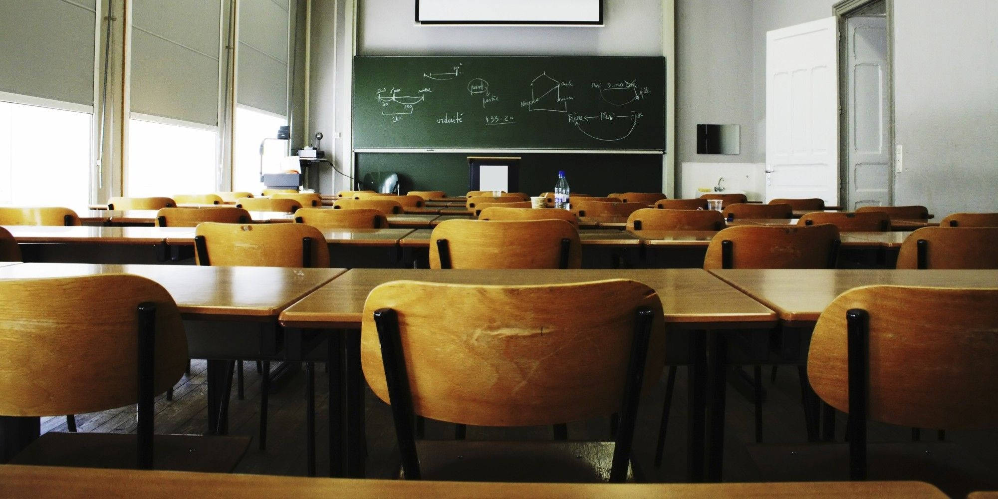 chalkboard, classroom, wooden desks, Full HD Desktop Wallpaper