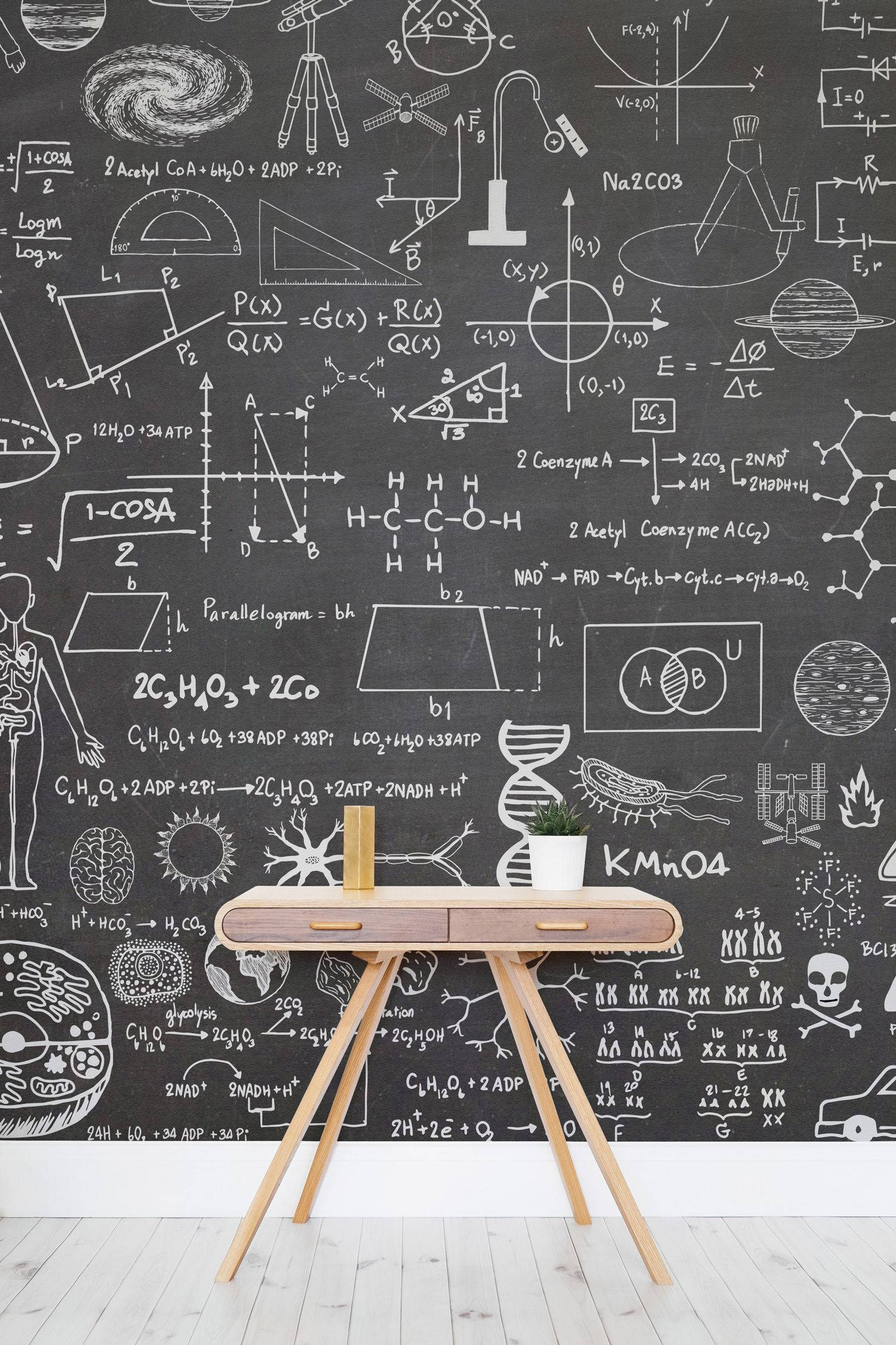 chalkboard, elegant wooden table, scientific equations, Full HD Phone Wallpaper