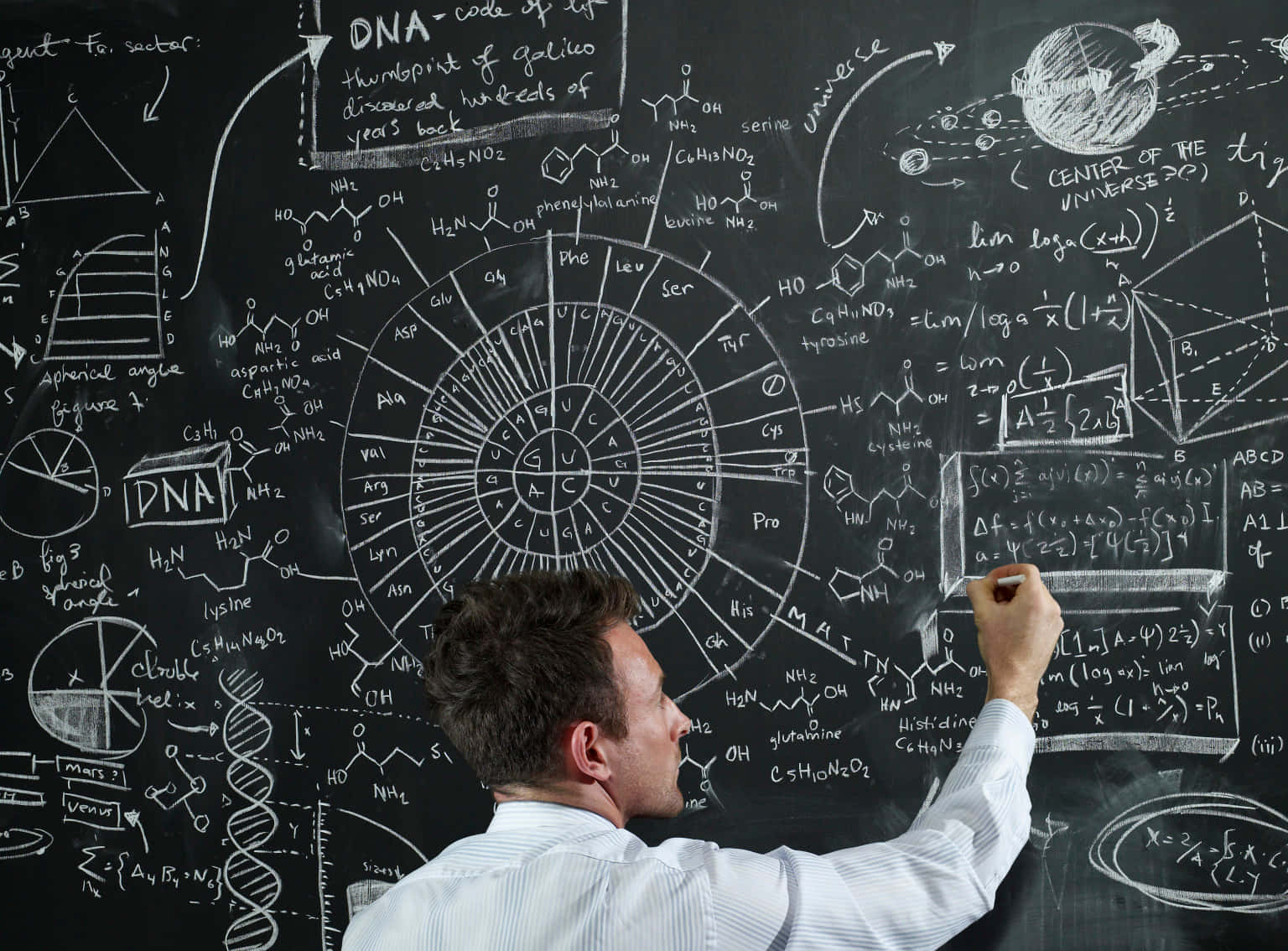 man, scientific formulas, chalkboard, HD Desktop Wallpaper