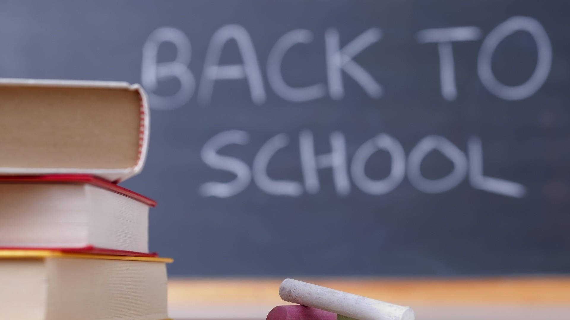 BACK TO SCHOOL, chalkboard, wooden desk, Full HD Desktop Wallpaper
