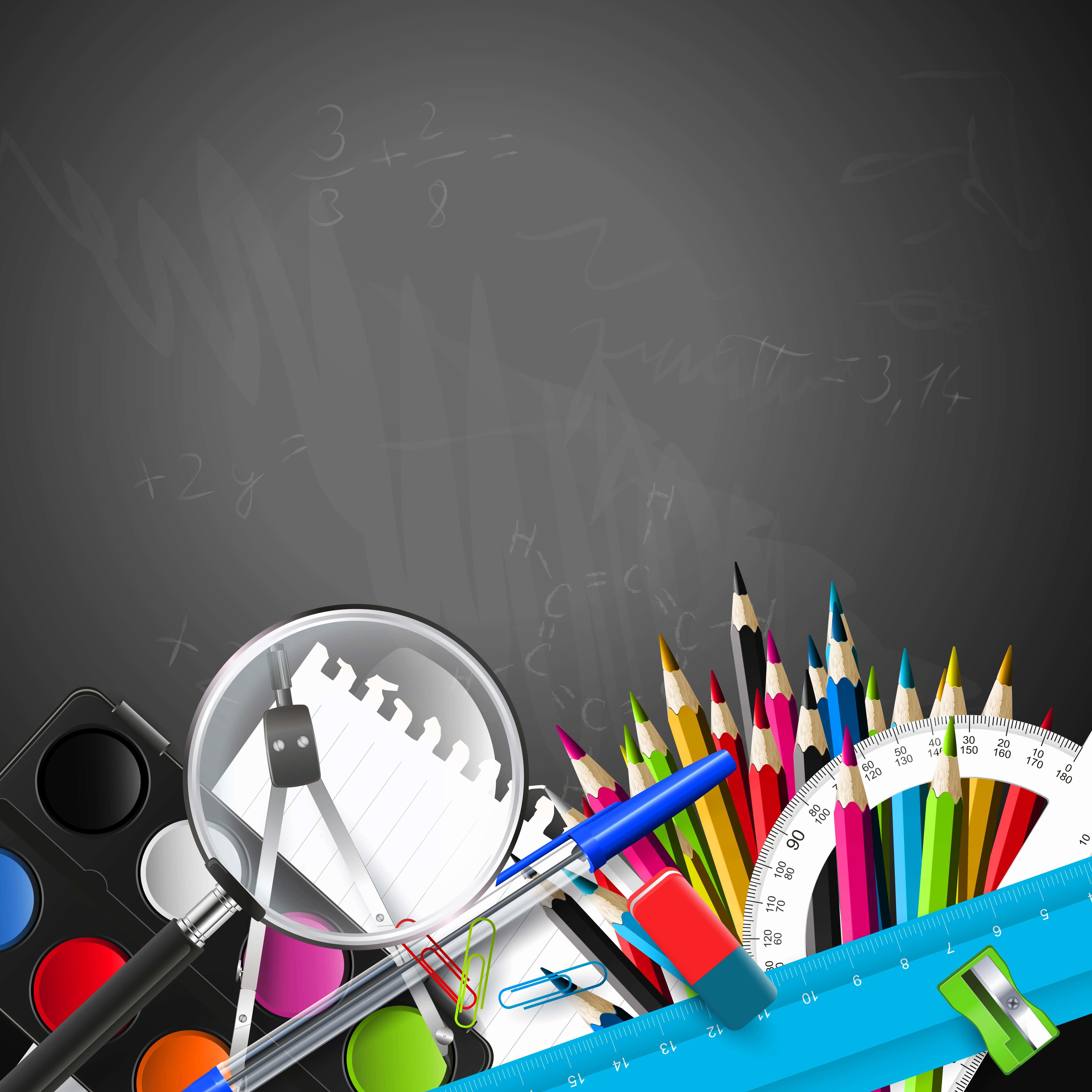 chalkboard, pencils, rulers, 4K Desktop Wallpaper