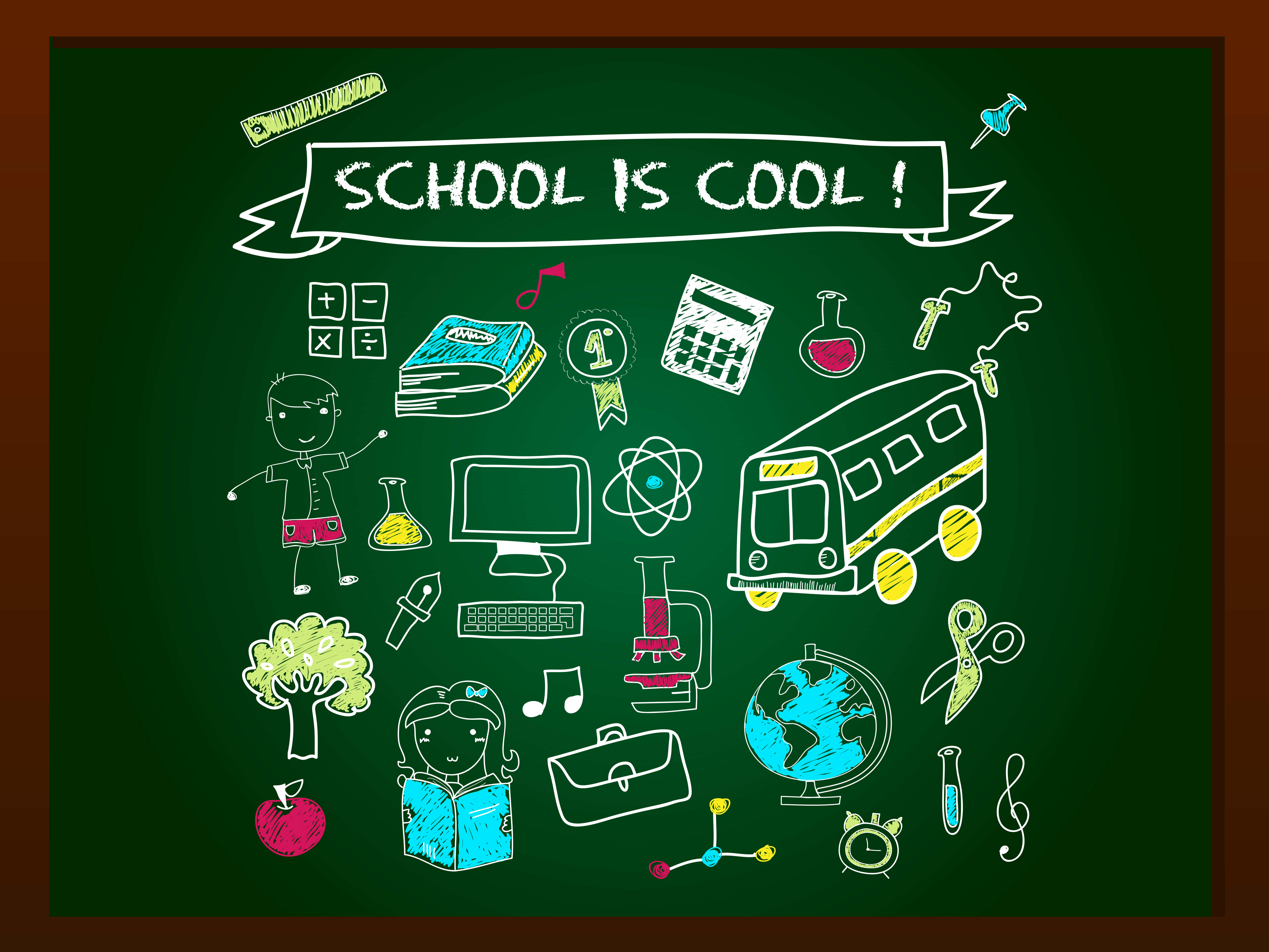 green chalkboard, colorful doodles, school items, 5K Desktop Wallpaper