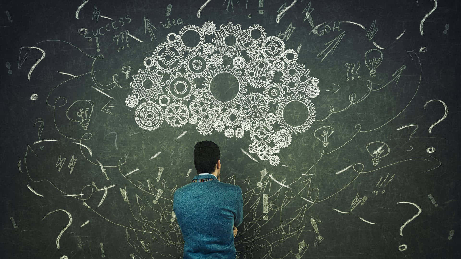 chalkboard, blue shirt, gears, Full HD Desktop Wallpaper