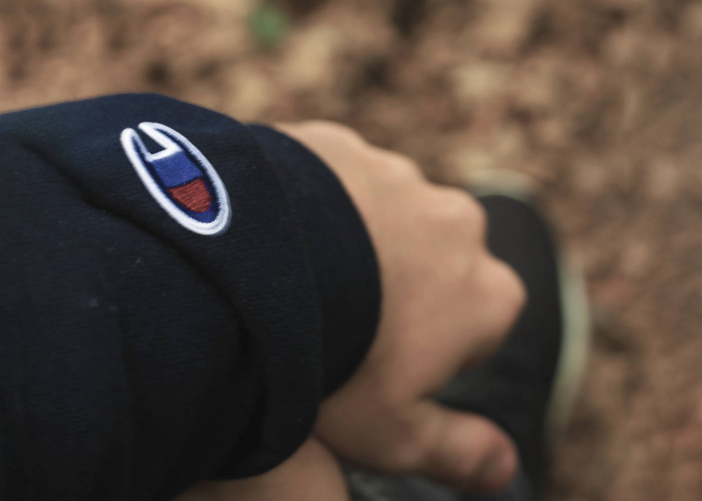 Champion logo, sleek black background, dark sweatshirt sleeve, HD Desktop Wallpaper