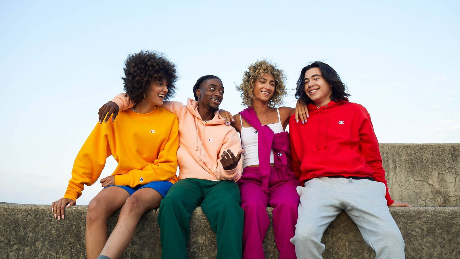 Champion, colorful Champion hoodies, concrete wall, HD Desktop Wallpaper