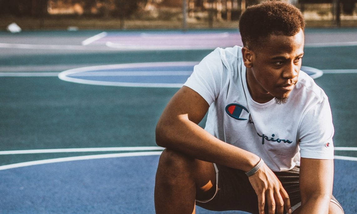 Champion, white Champion tee, vibrant blue outdoor basketball court, SD Desktop Wallpaper