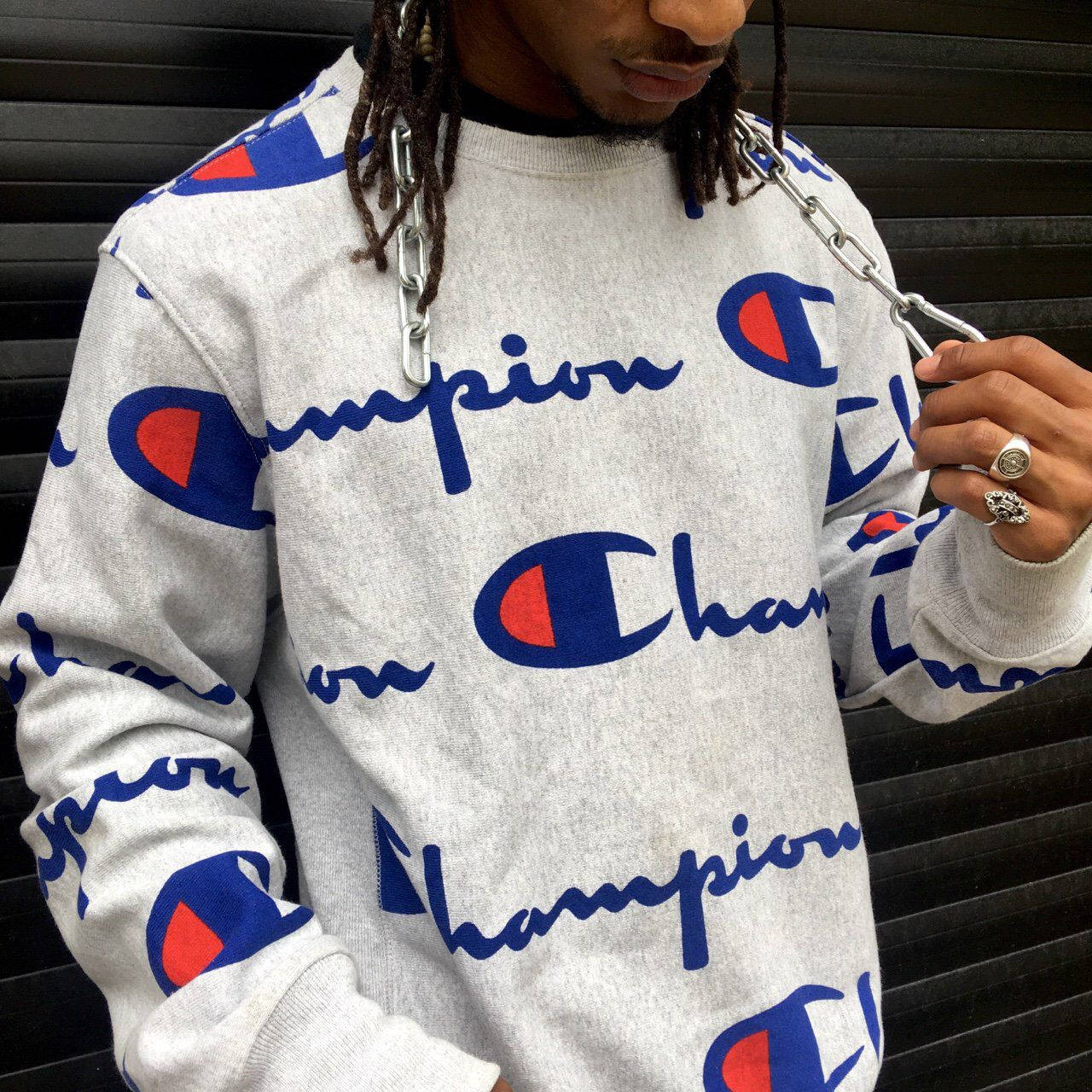 Champion, logo pattern, gray sweatshirt, HD Desktop Wallpaper
